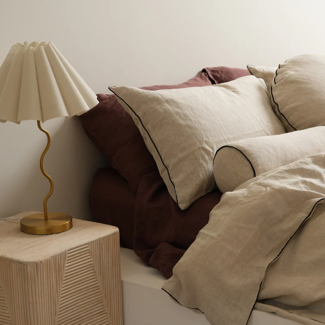 100% Flax Linen Round Piped Feather Filled Cushion- Natural Oat/ Black - Image 3