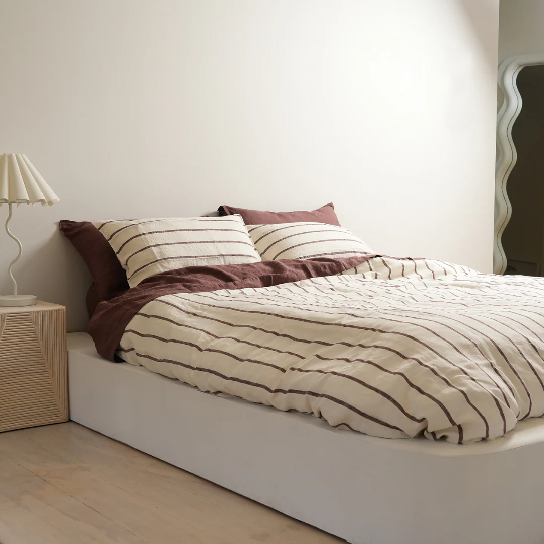 100% French Flax Linen Duvet Cover Set - Cocoa Stripe - Image 3