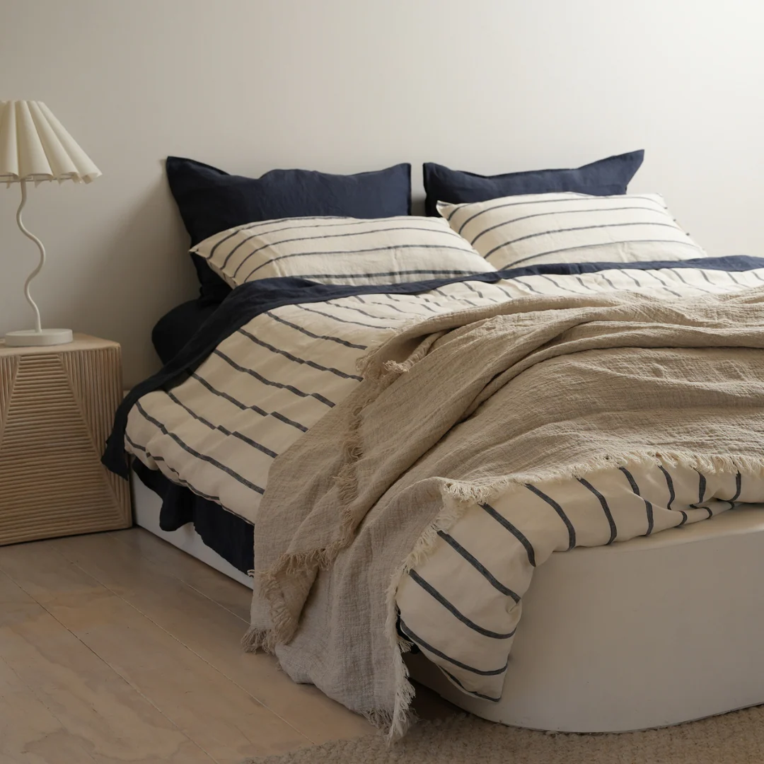 100% French Flax Linen Duvet Cover Set - Midnight Stripe - Image 2