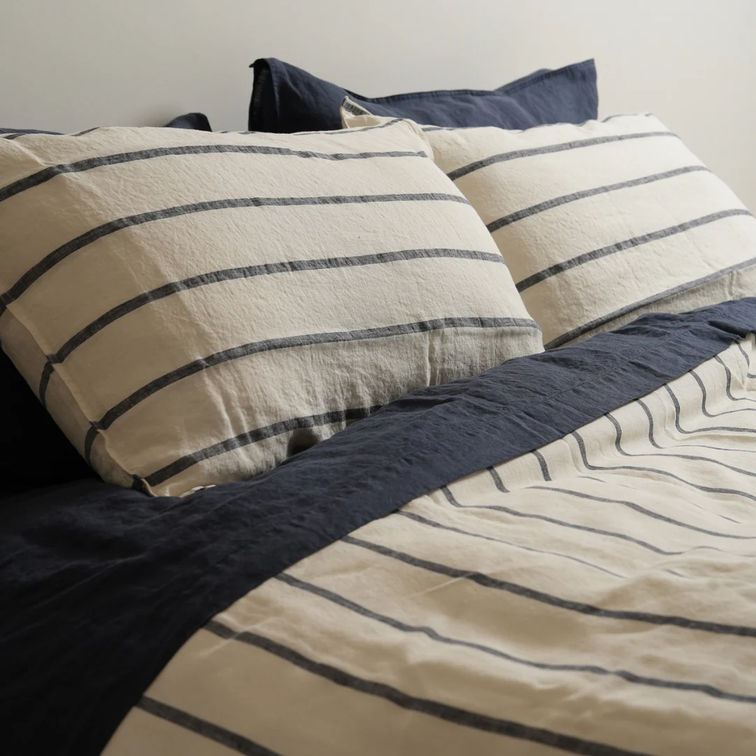 100% French Flax Linen Duvet Cover Set - Midnight Stripe - Image 3