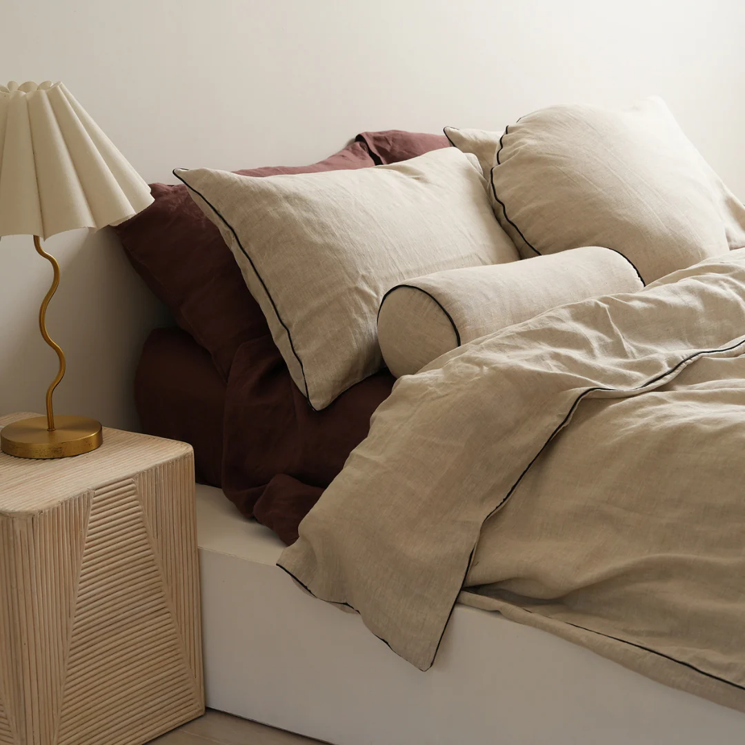 100% French Flax Linen Piped Duvet Cover Set - Natural Oat /Black - Image 2