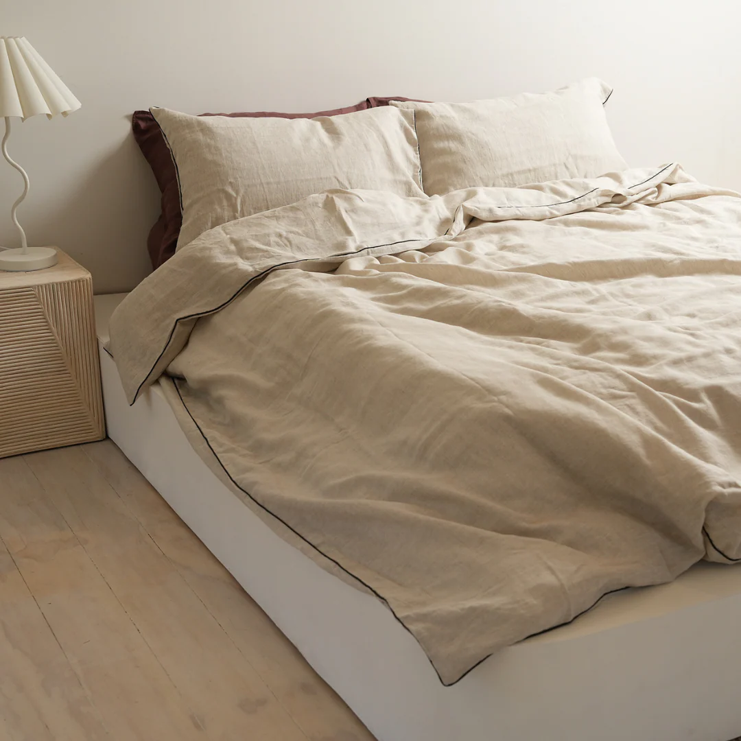 100% French Flax Linen Piped Duvet Cover Set - Natural Oat /Black - Image 4