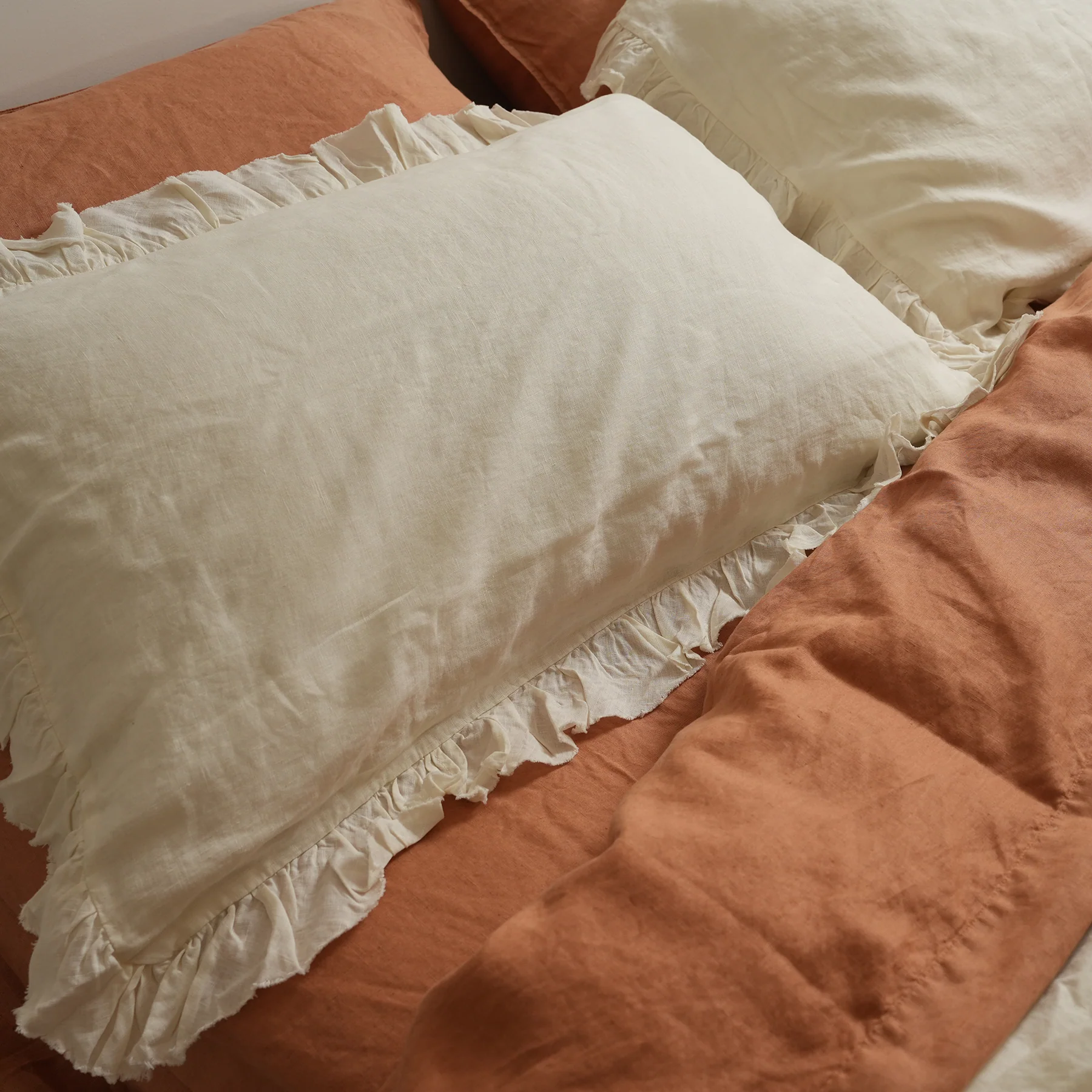 100% French Flax Linen Ruffle Edge Pillowcase Pair- Milk - Image 2