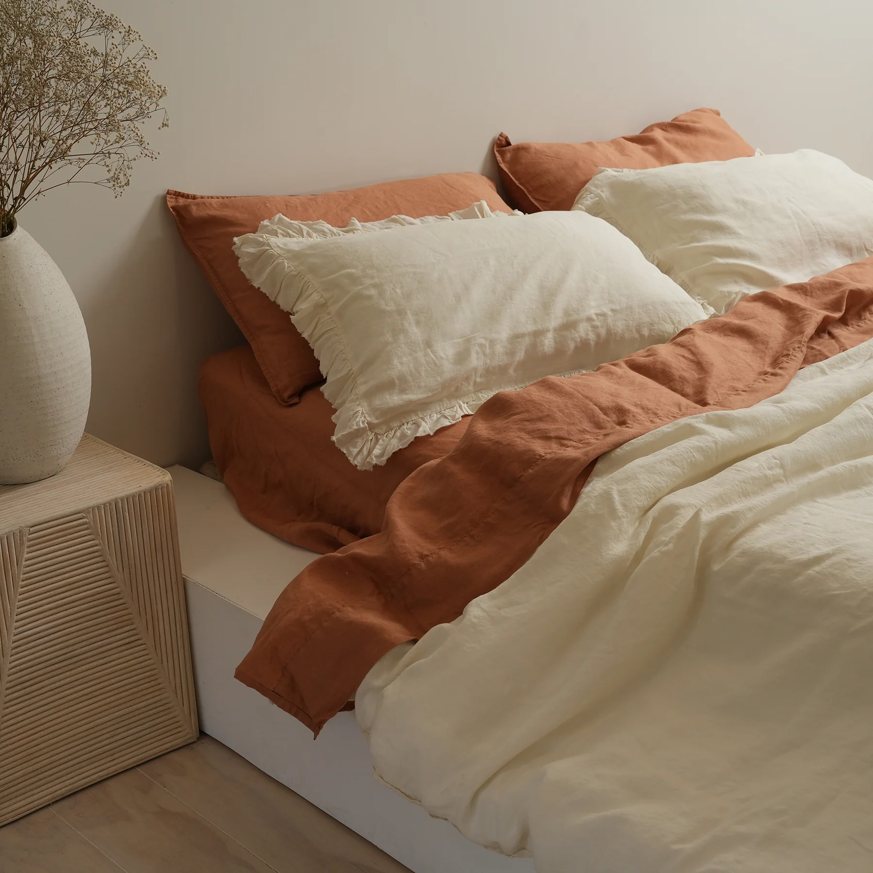 100% French Flax Linen Ruffle Edge Pillowcase Pair- Milk - Image 3