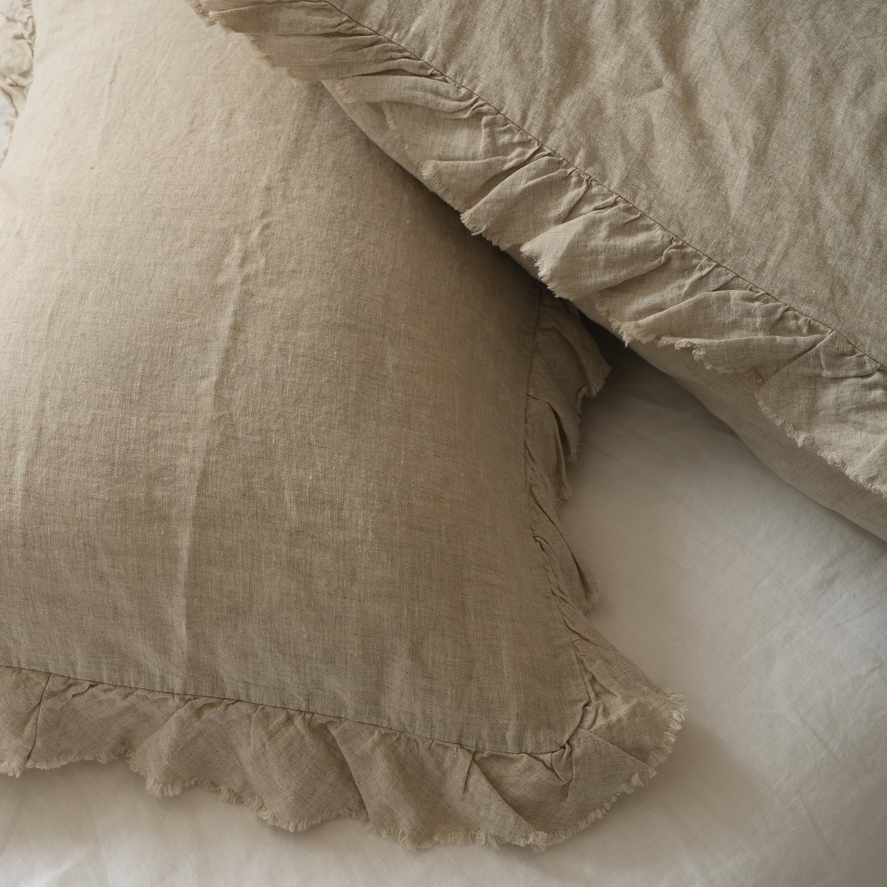 100% French Flax Linen Ruffle Edge Pillowcase Pair- Natural Oat - Image 3