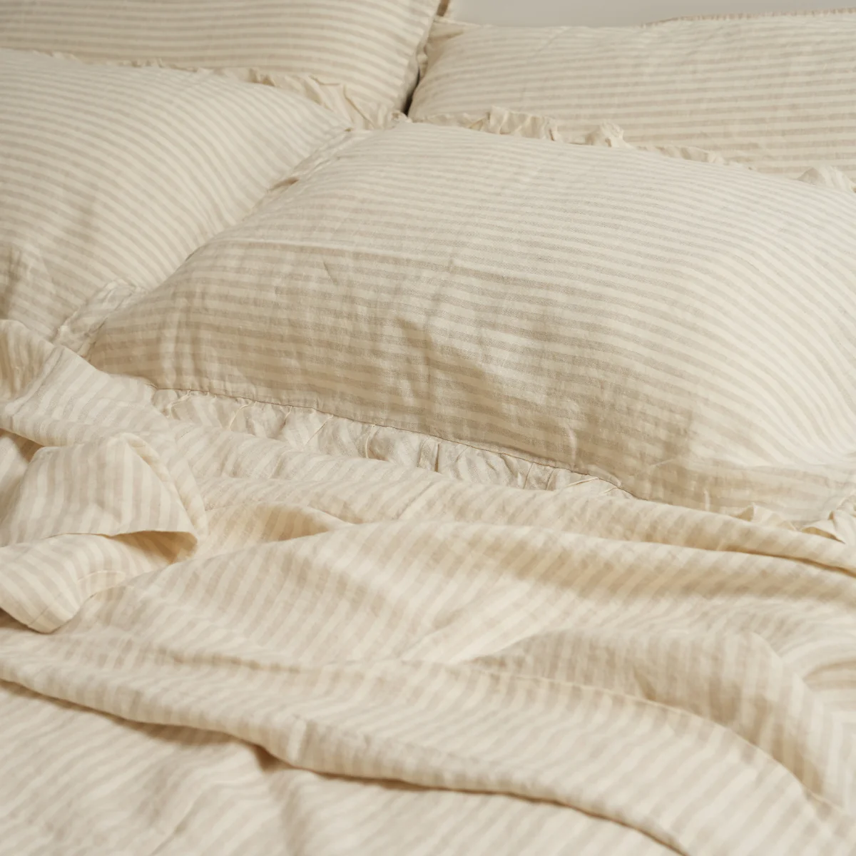 100% French Flax Linen Ruffle Edge Pillowcase Pair- Sand Stripe - Image 3