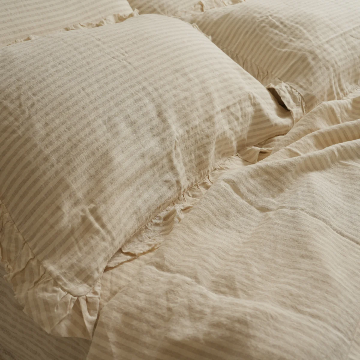 100% French Flax Linen Ruffle Edge Pillowcase Pair- Sand Stripe - Image 4