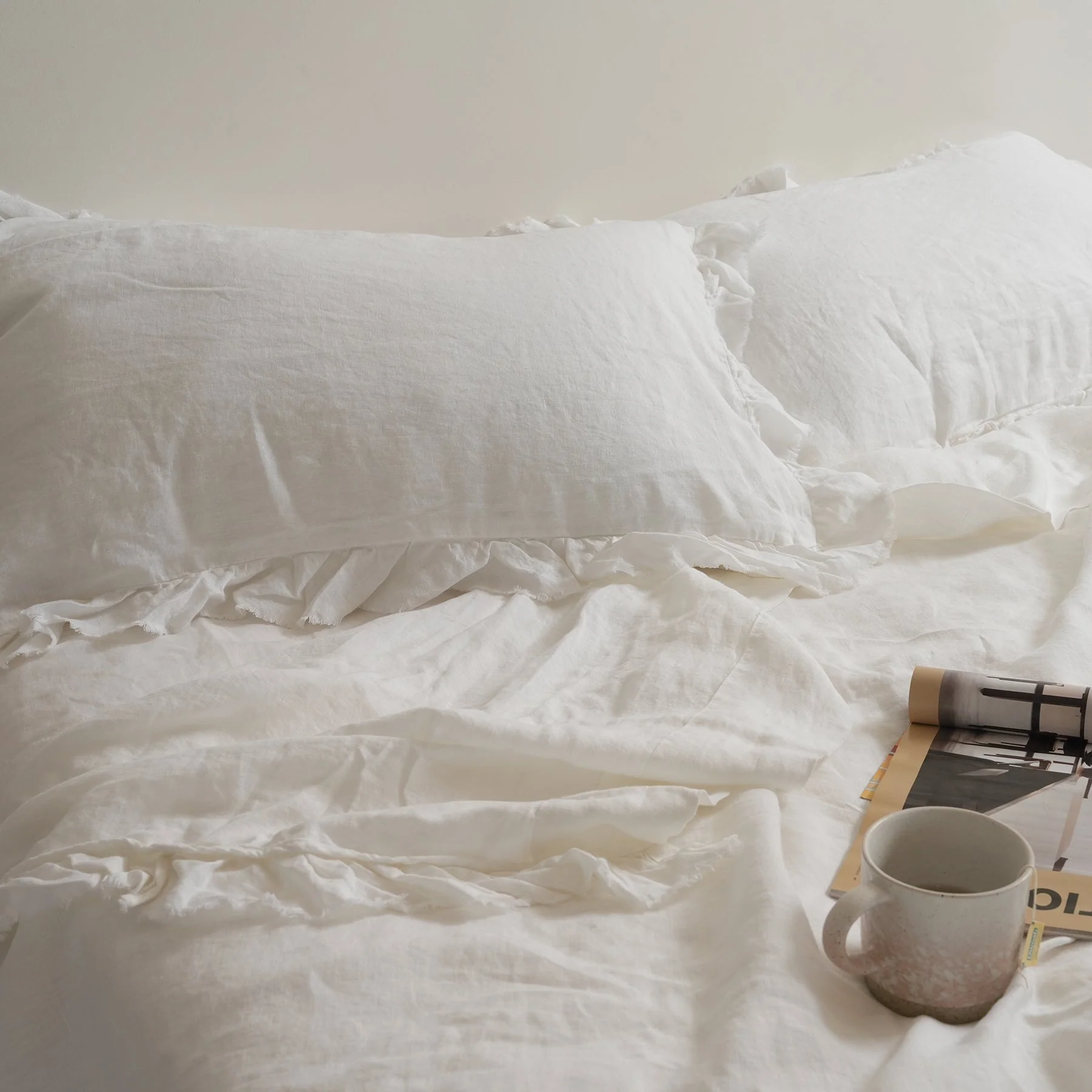 100% French Flax Linen Ruffle Edge Pillowcase Pair- White - Image 4
