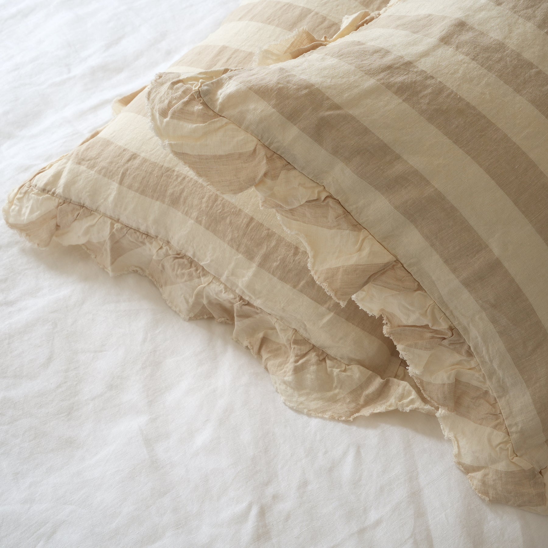 100% French Flax Linen Ruffle Edge Pillowcase Pair- Wide Natural Stripe - Image 2