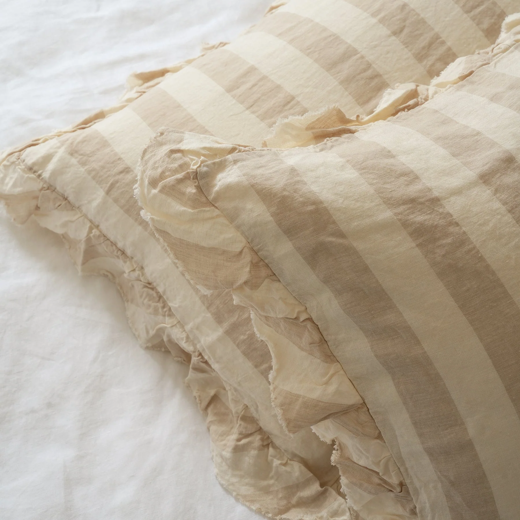 100% French Flax Linen Ruffle Edge Pillowcase Pair- Wide Natural Stripe - Image 3
