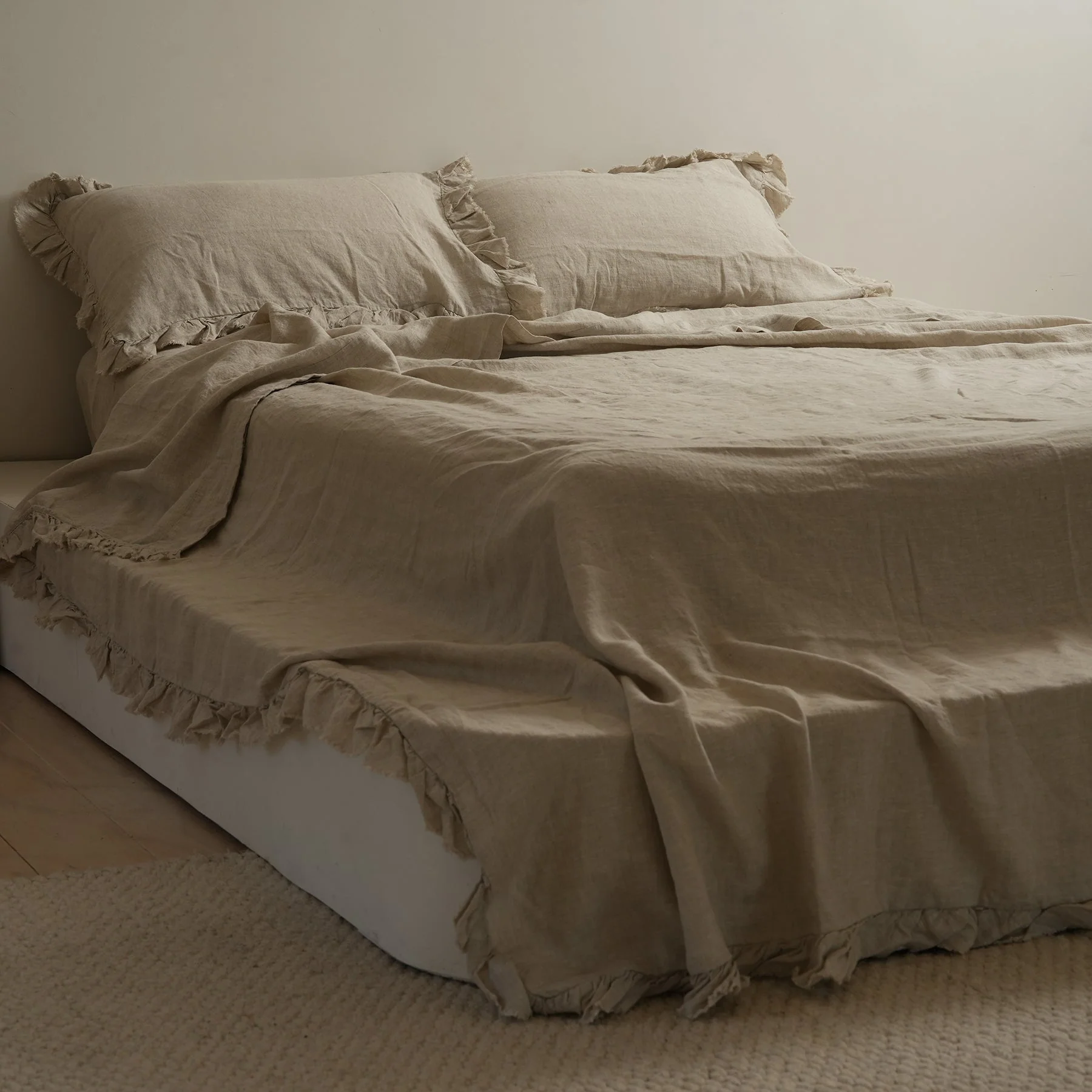 100% French Flax Linen Ruffle Edge Sheet Set- Natural Oat - Image 3