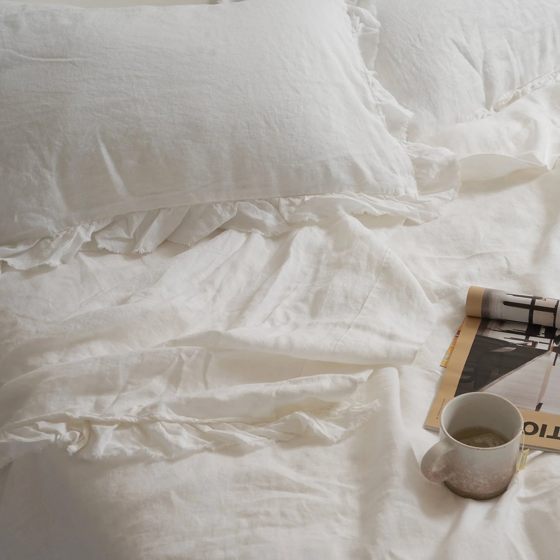 100% French Flax Linen Ruffle Edge Sheet Set- White - Image 4