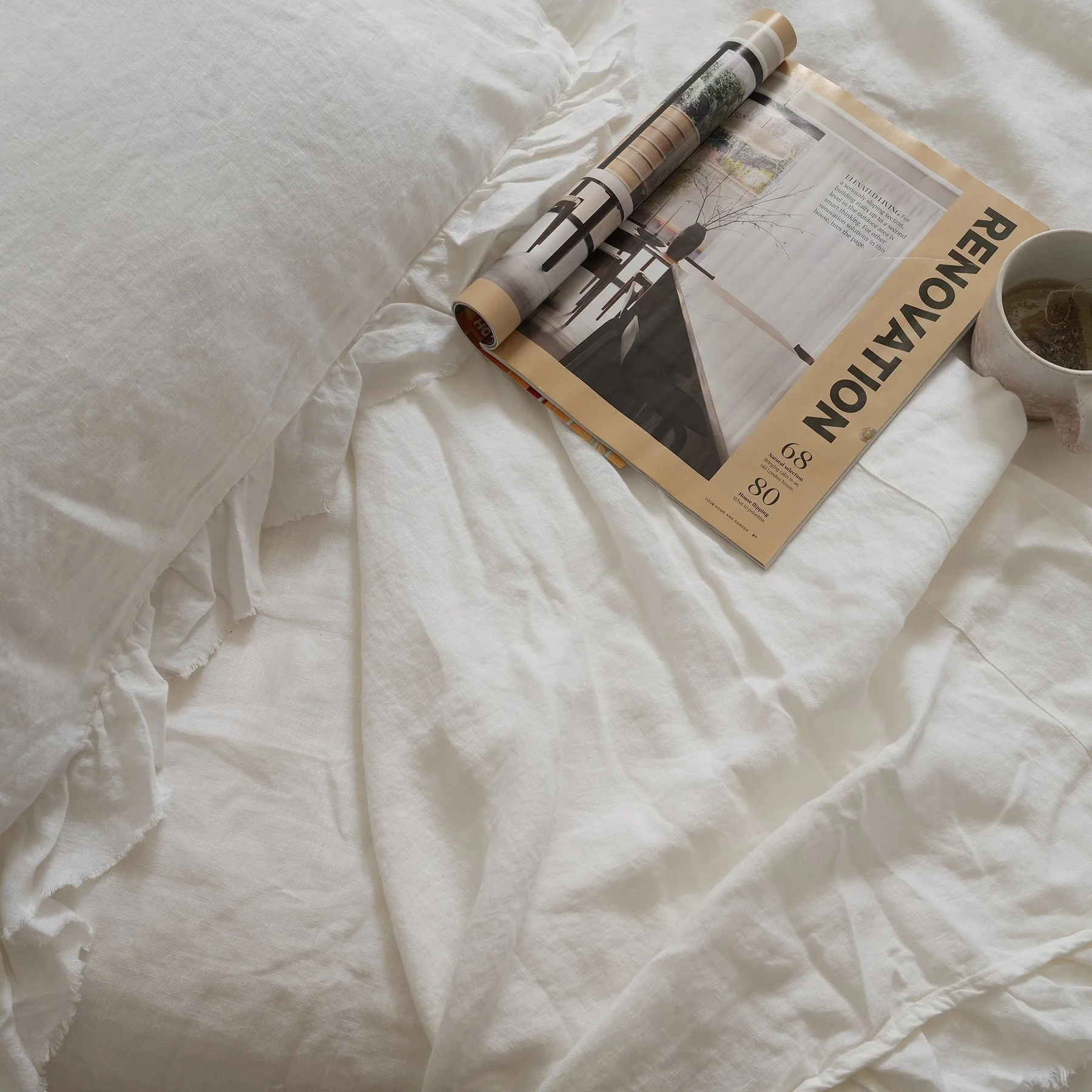 100% French Flax Linen Ruffle Edge Sheet Set- White - Image 5