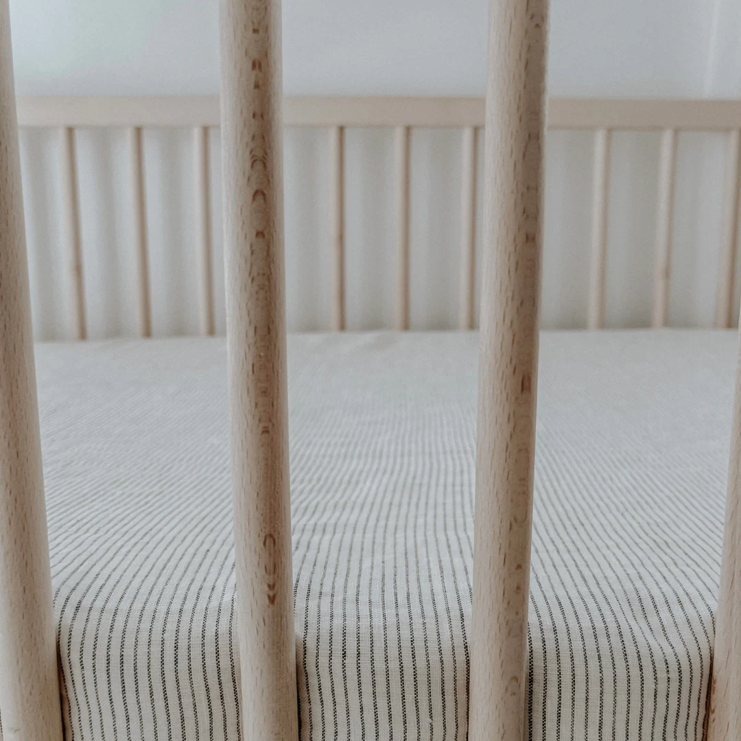 100% French Flax Linen fitted Cot Sheet- Charcoal Pinstripe - Image 3