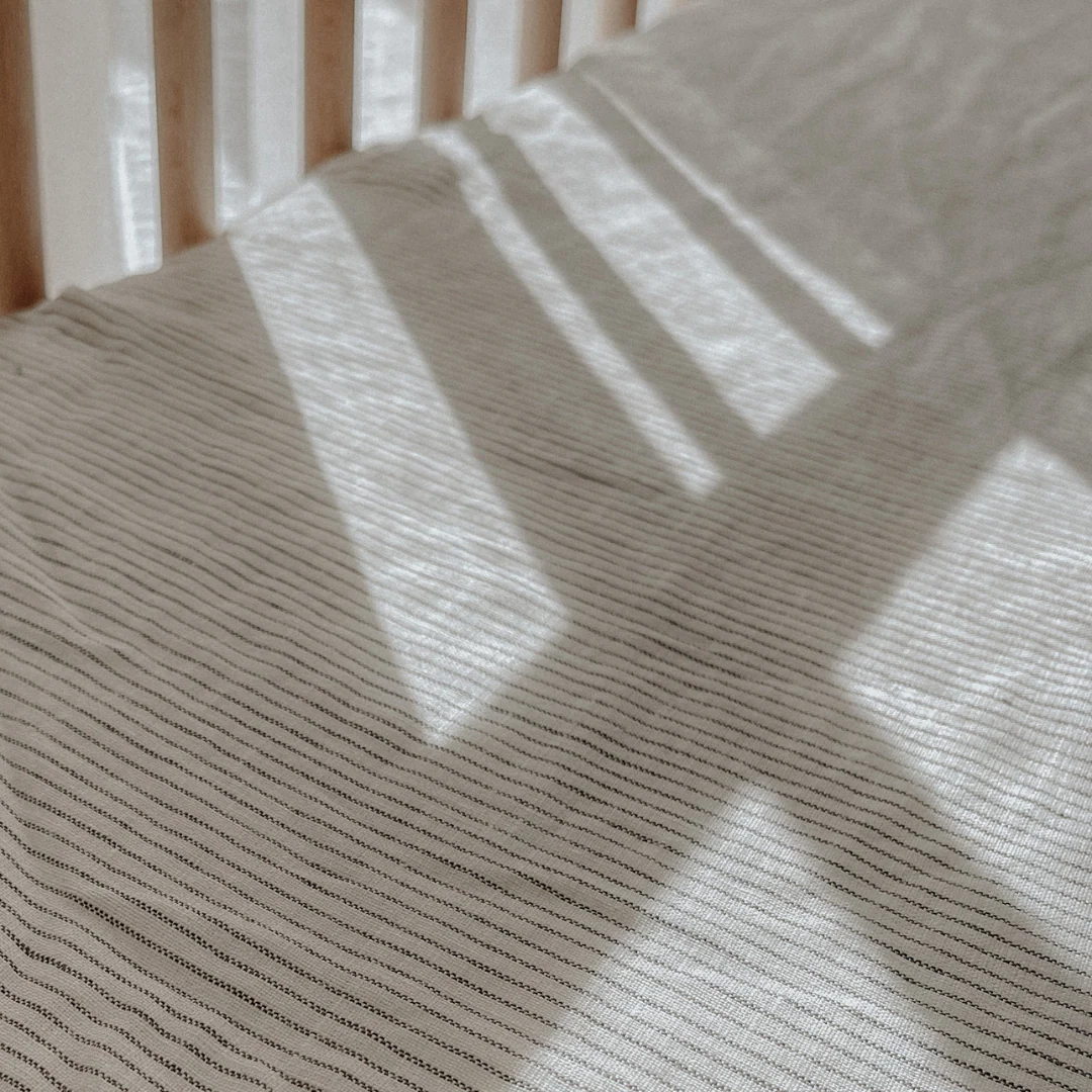 100% French Flax Linen fitted Cot Sheet- Charcoal Pinstripe - Image 6