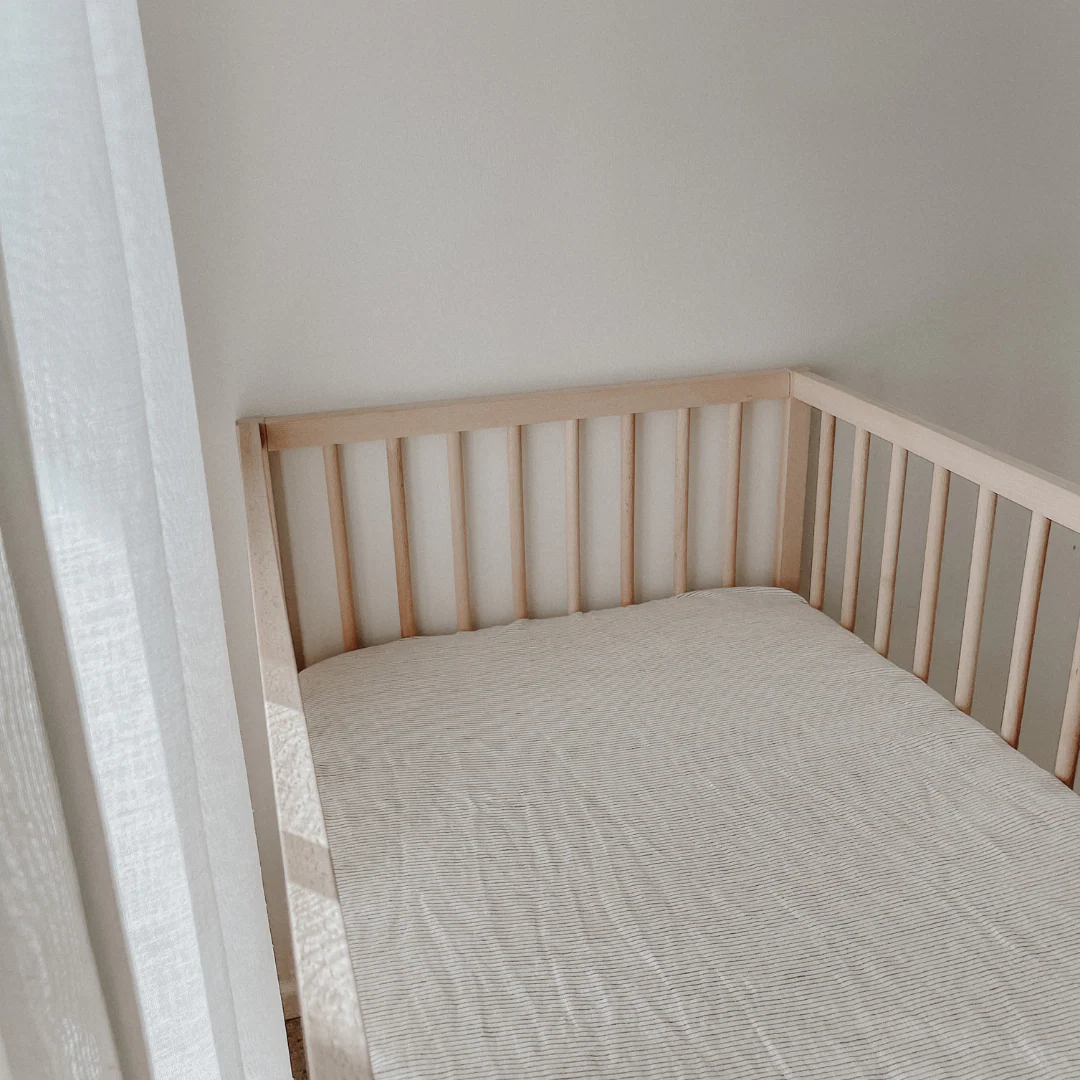 100% French Flax Linen fitted Cot Sheet- Charcoal Pinstripe - Image 7