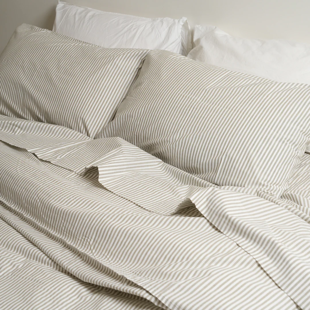 100% Stonewashed Cotton Duvet Set- Olive Stripe - Image 3