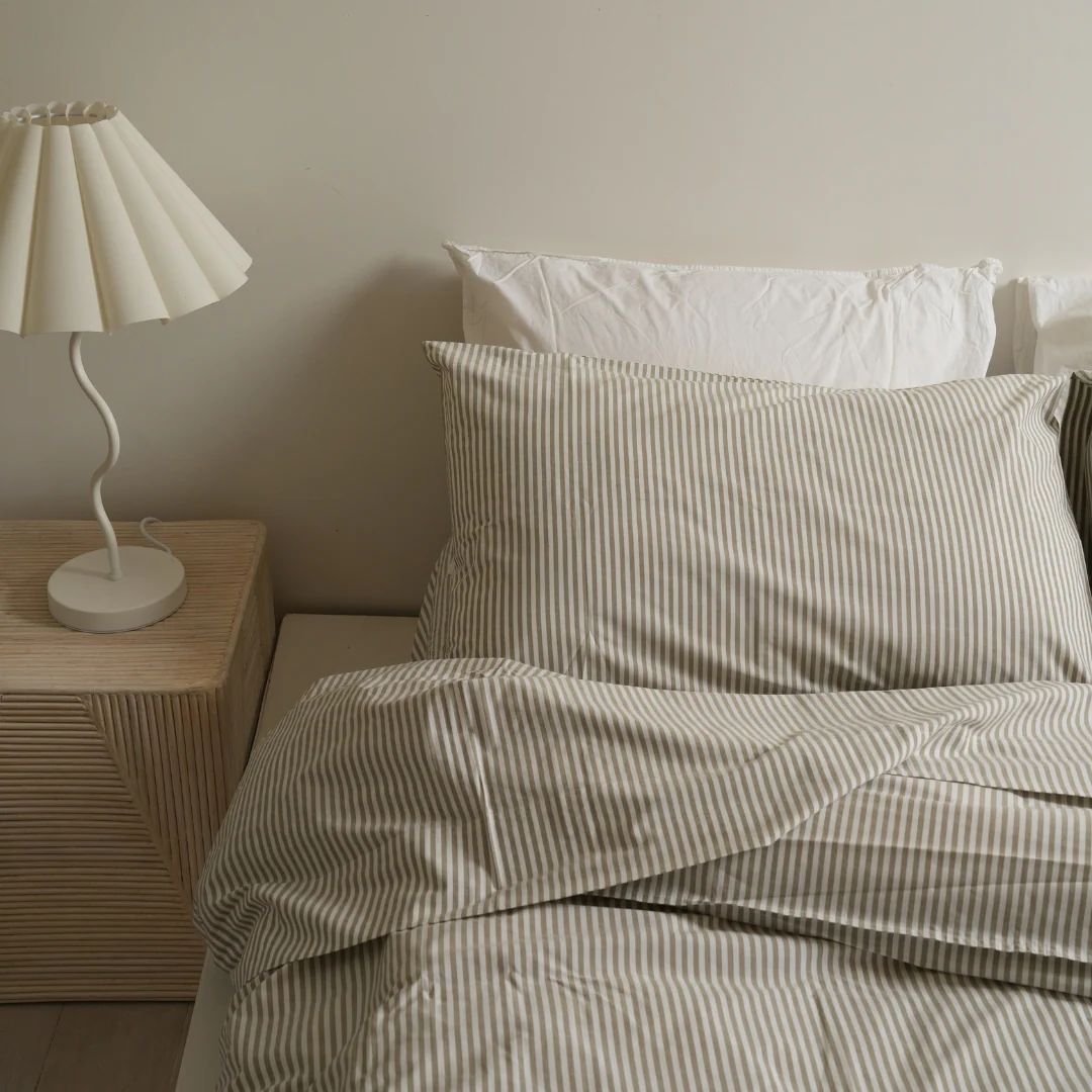100% Stonewashed Cotton Duvet Set- Olive Stripe - Image 4