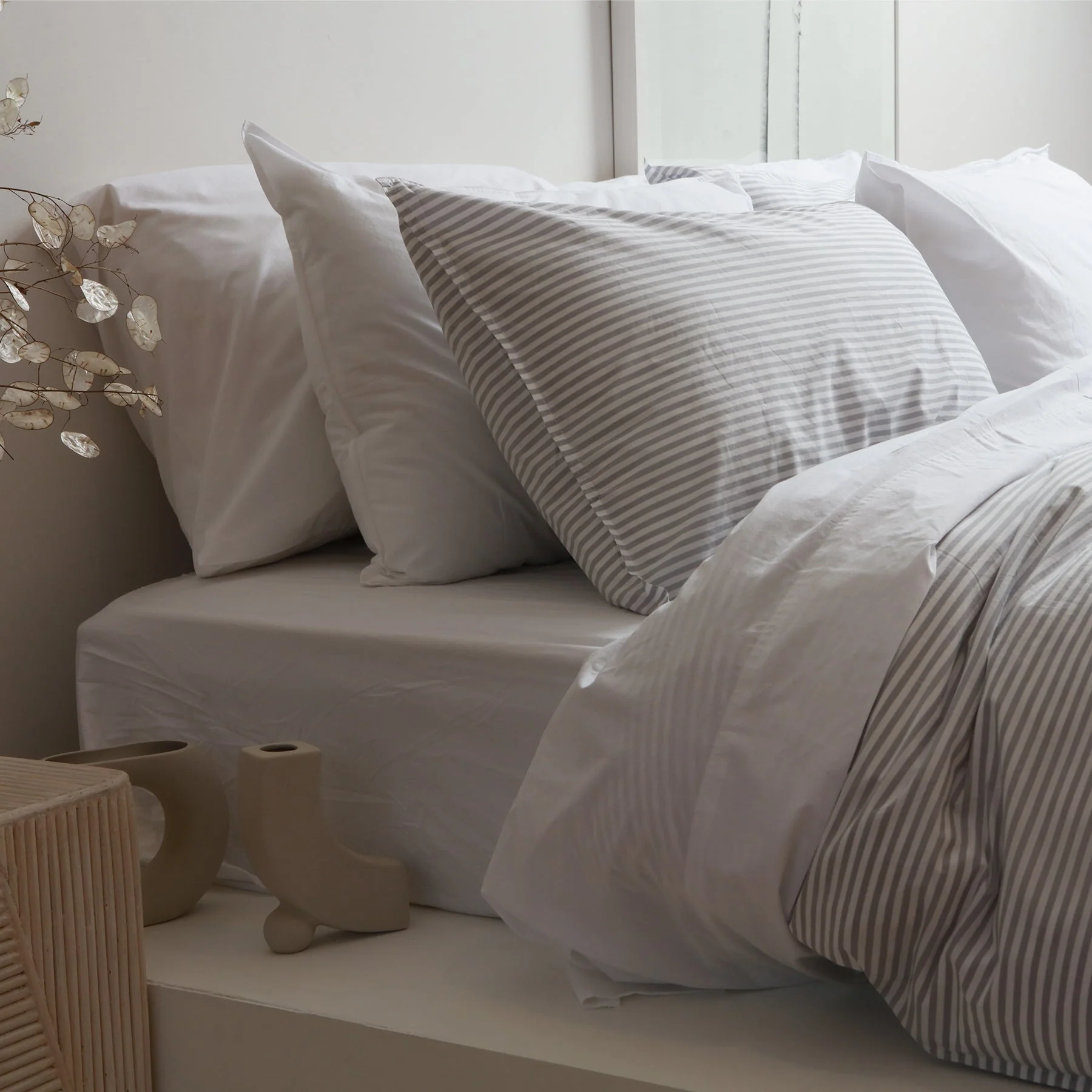 100% Stonewashed Cotton Duvet Set- Wide Light Grey Stripe - Image 2
