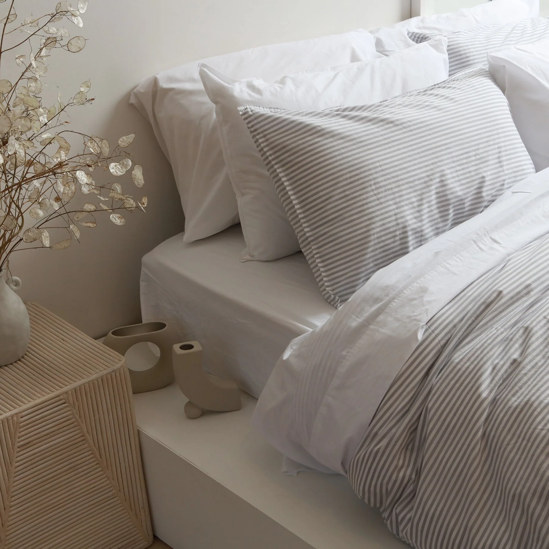 100% Stonewashed Cotton Duvet Set- Wide Light Grey Stripe - Image 3
