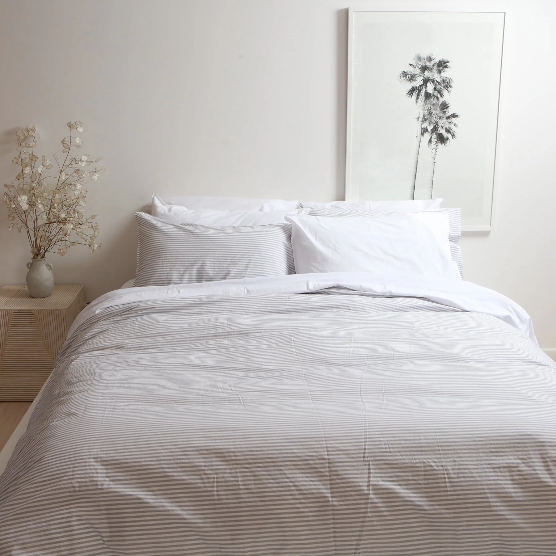 100% Stonewashed Cotton Duvet Set- Wide Light Grey Stripe - Image 4