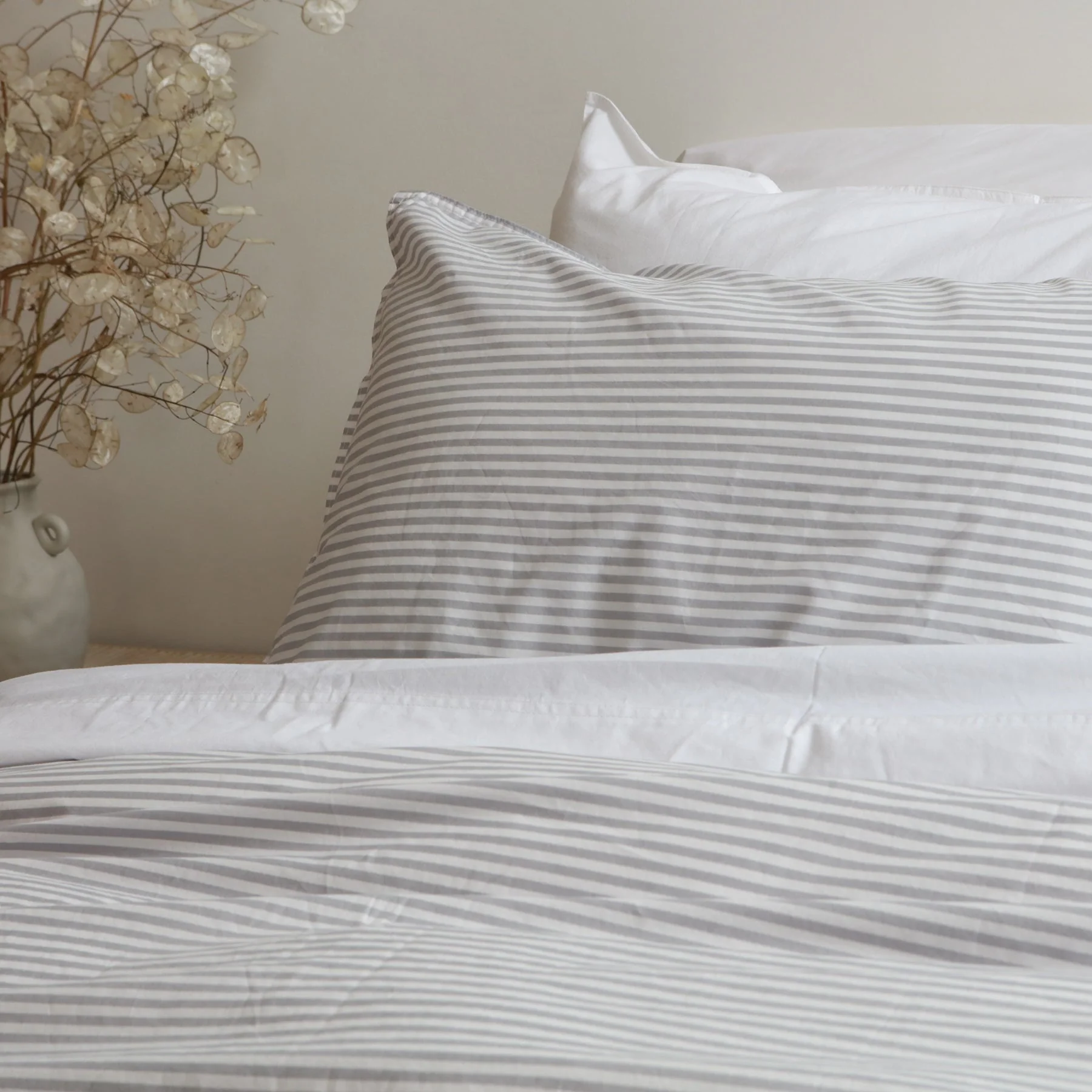 100% Stonewashed Cotton Duvet Set- Wide Light Grey Stripe - Image 5