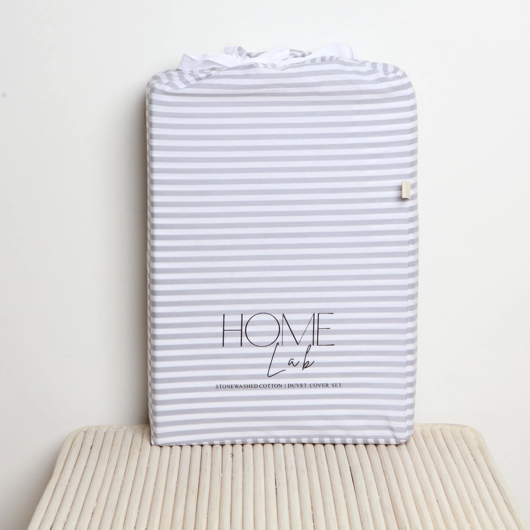 100% Stonewashed Cotton Duvet Set- Wide Light Grey Stripe - Image 6