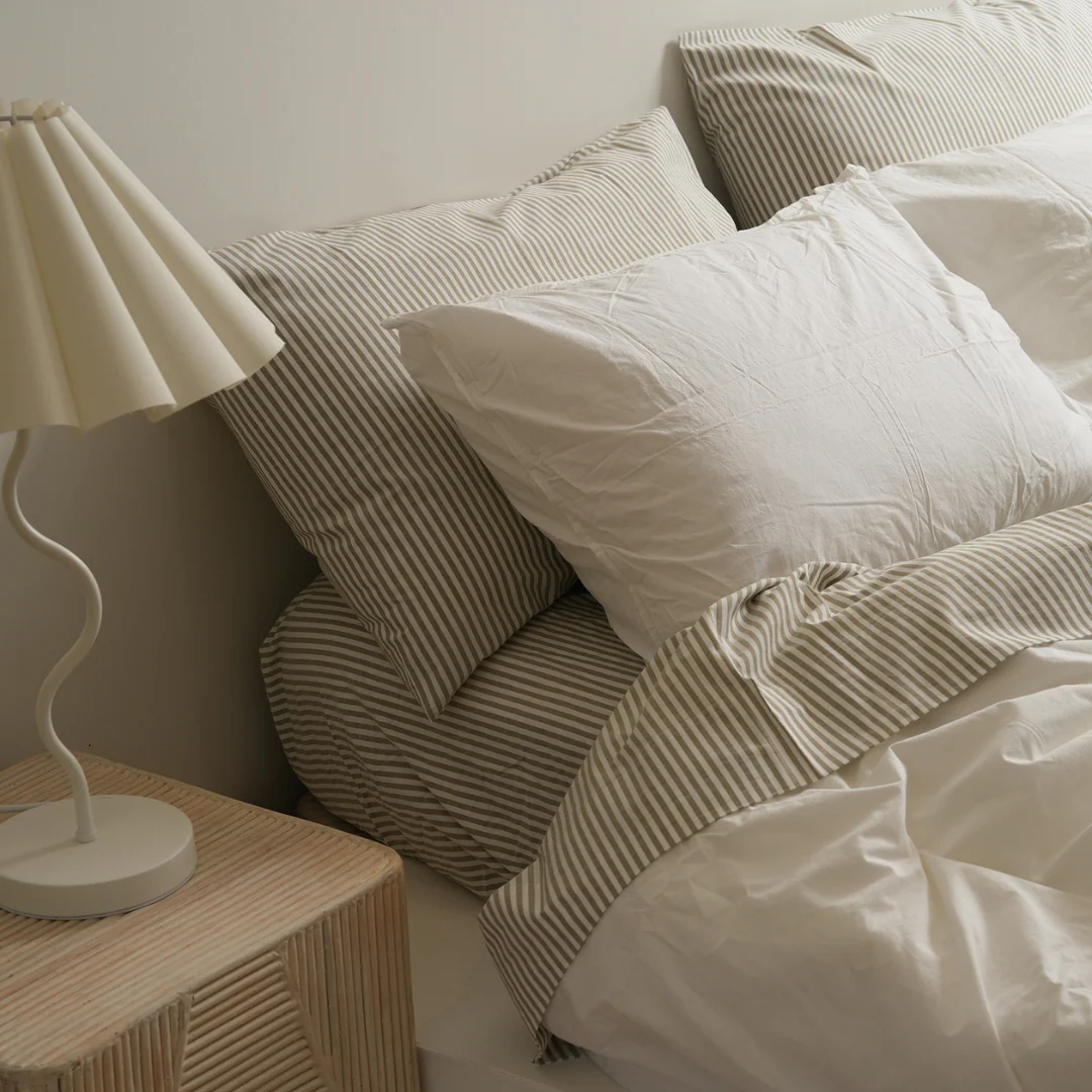 100% Stonewashed Cotton Sheet Set- Olive Stripe - Image 4
