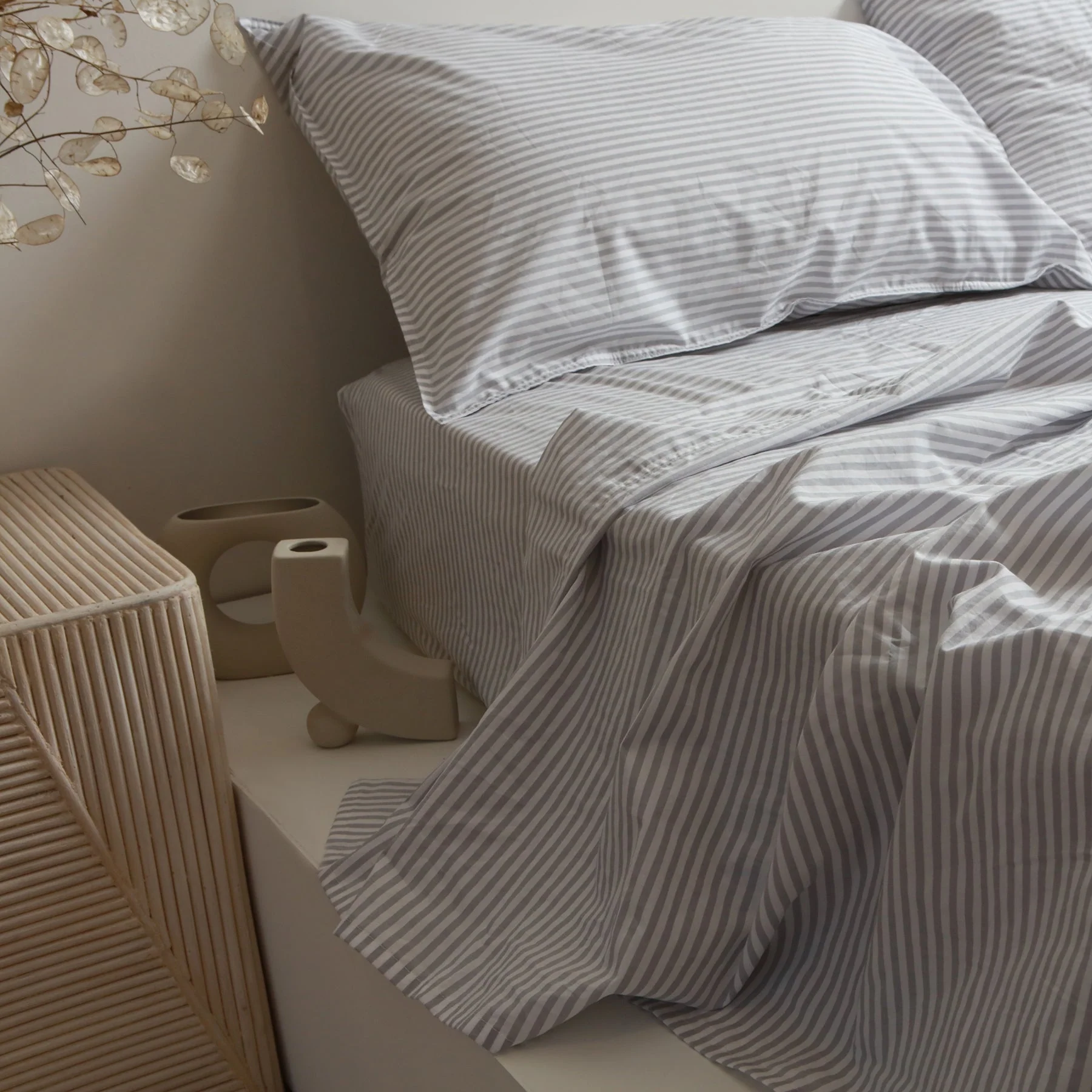 100% Stonewashed Cotton Sheet Set- Wide Light Grey Stripe - Image 4