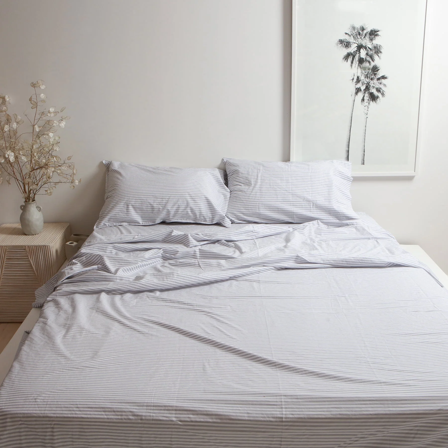 100% Stonewashed Cotton Sheet Set- Wide Light Grey Stripe - Image 5