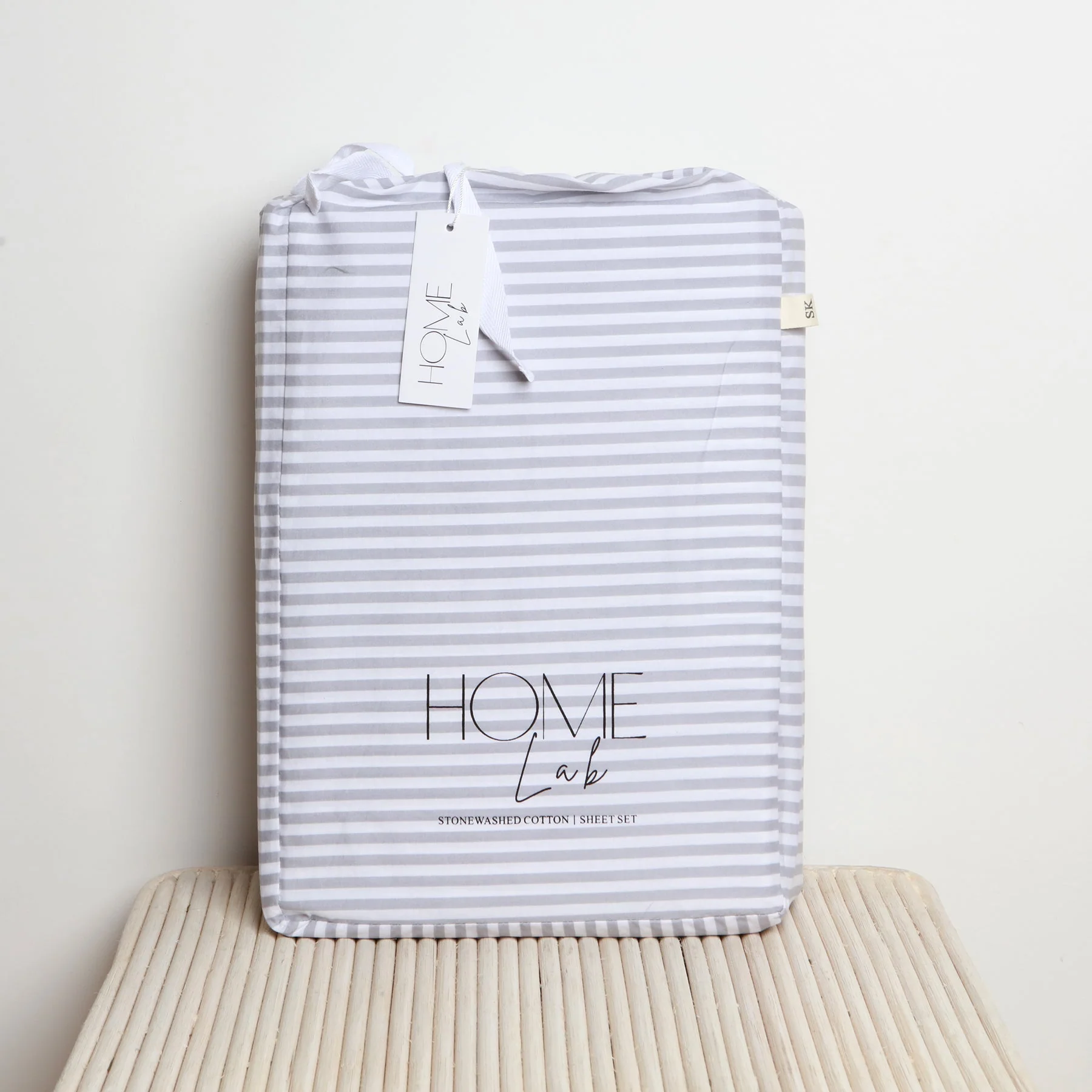 100% Stonewashed Cotton Sheet Set- Wide Light Grey Stripe - Image 6