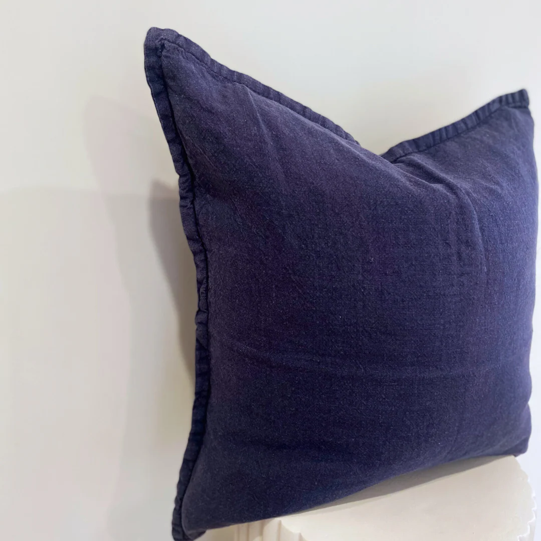 100% Belgium Linen Vintage Washed Cushion- Feather Filled - Navy - Image 3