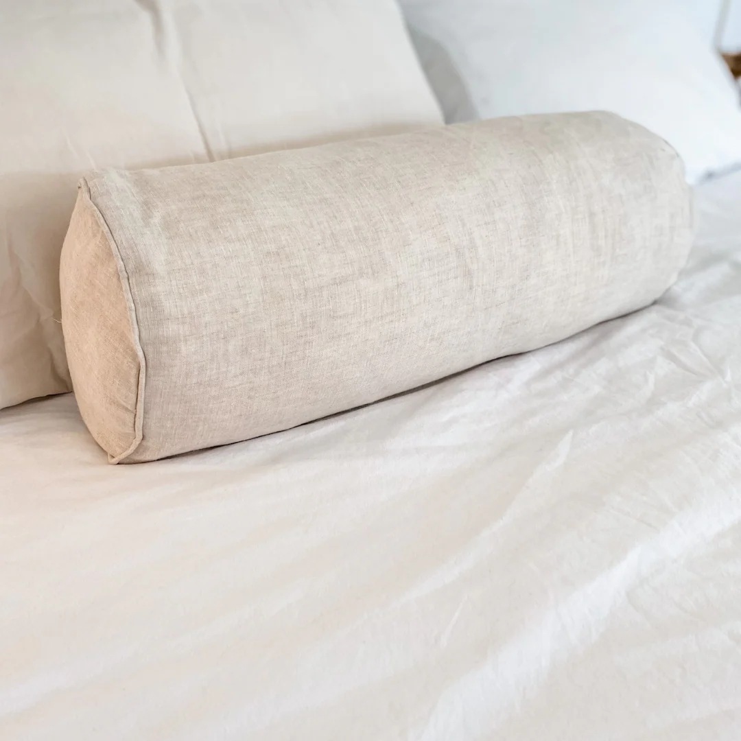 100% French Flax Linen Feather filled Bolster Cushion- Natural Oat - Image 2