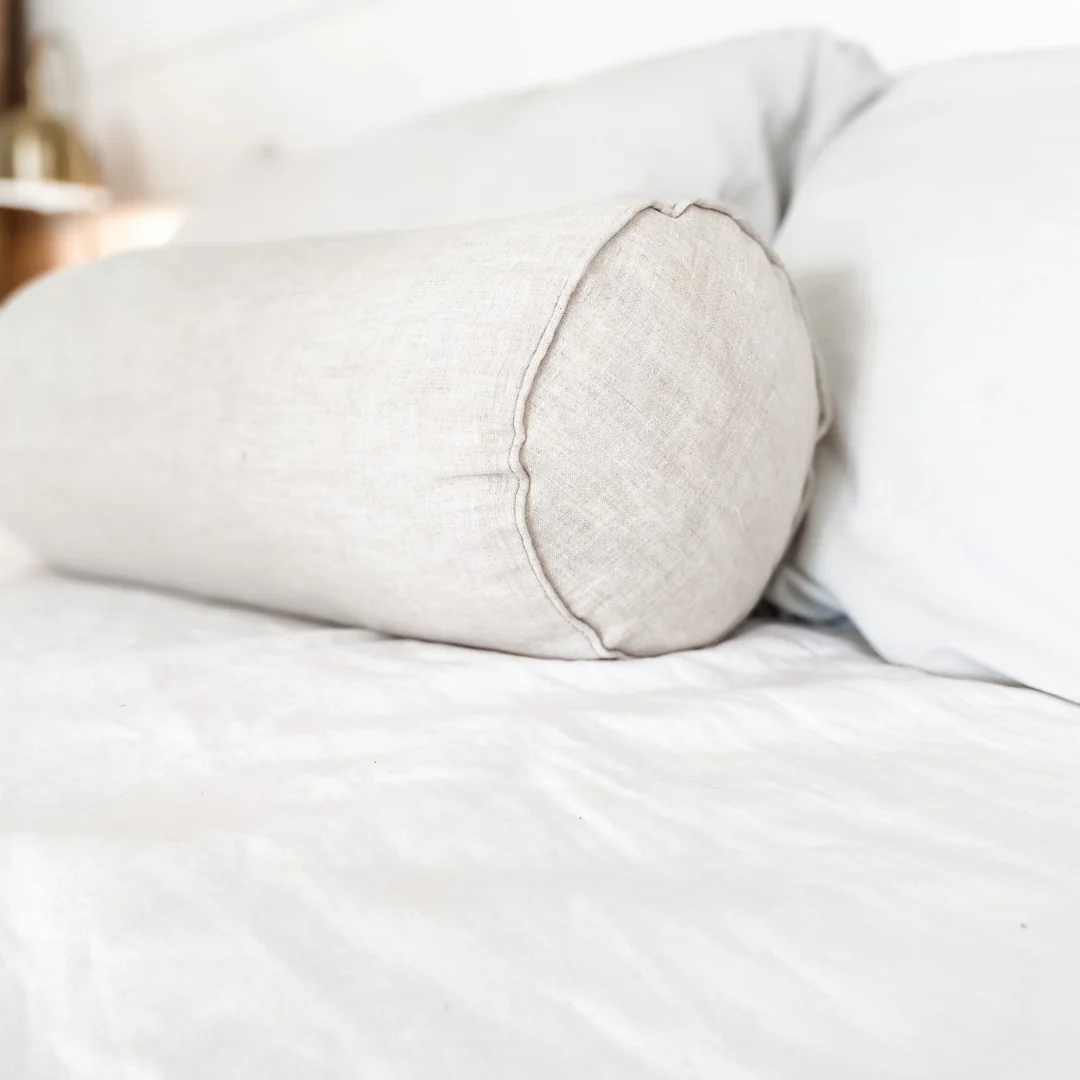 100% French Flax Linen Feather filled Bolster Cushion- Natural Oat - Image 4