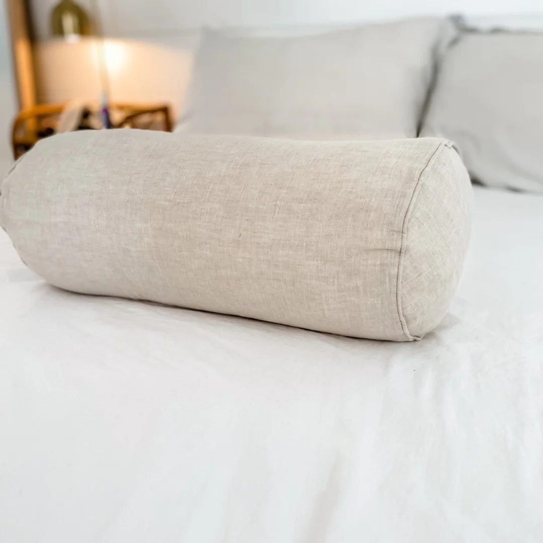 100% French Flax Linen Feather filled Bolster Cushion- Natural Oat - Image 5