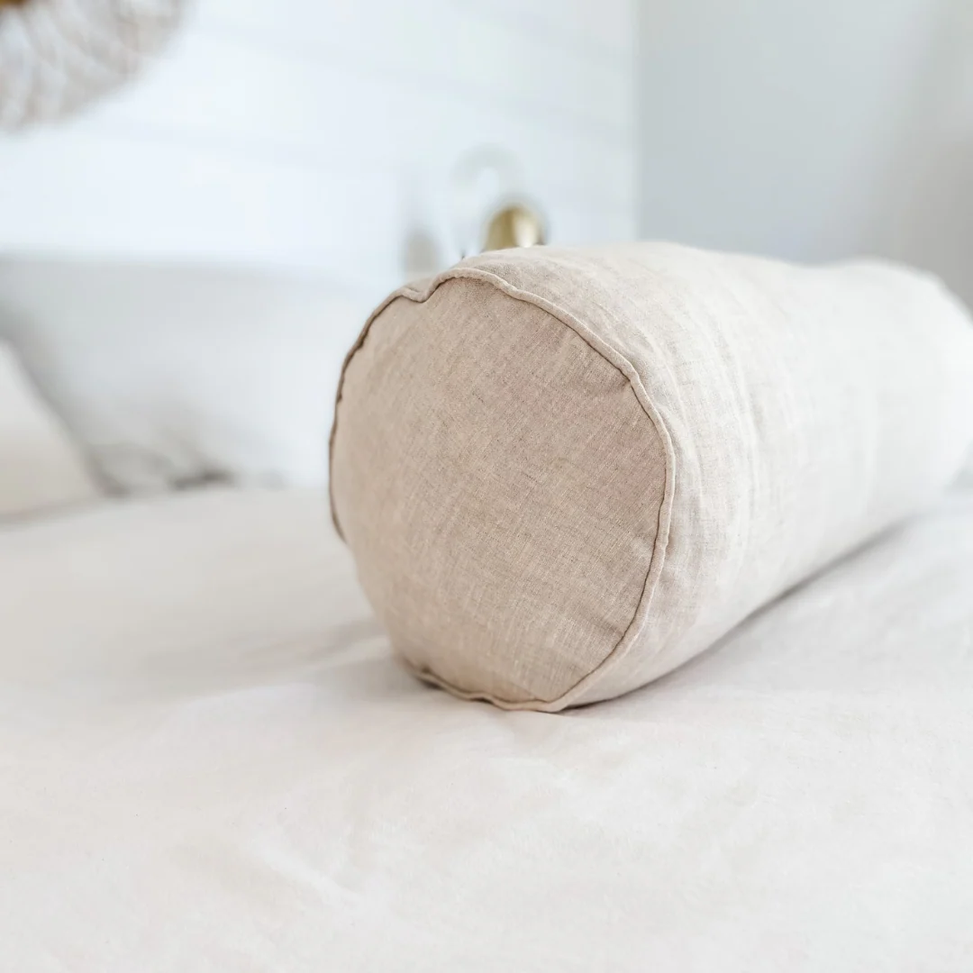 100% French Flax Linen Feather filled Bolster Cushion- Natural Oat - Image 6