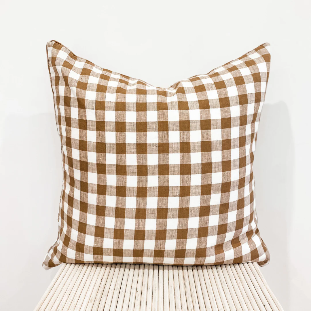 100% French Flax Linen Feather filled Cushion- Ginger Gingham