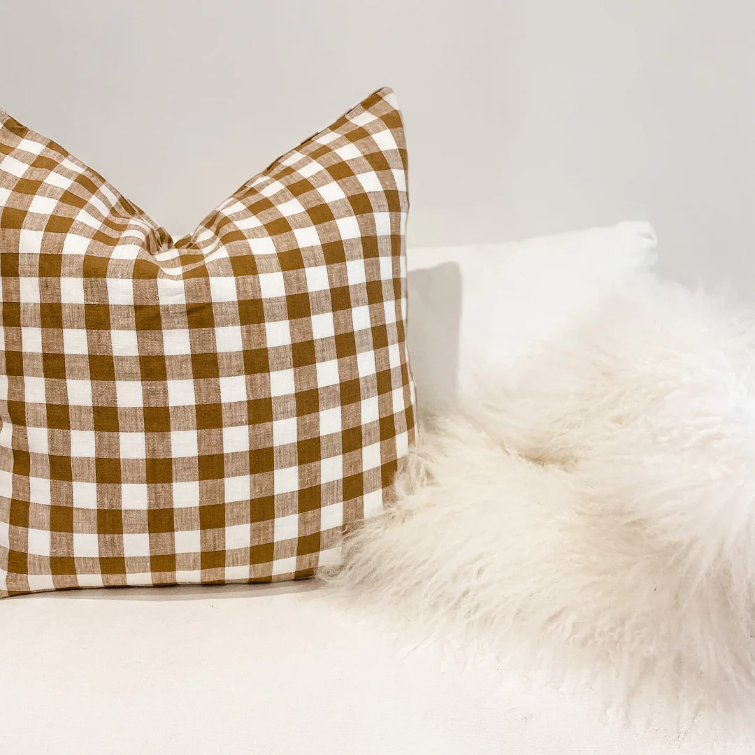 100% French Flax Linen Feather filled Cushion- Ginger Gingham - Image 2