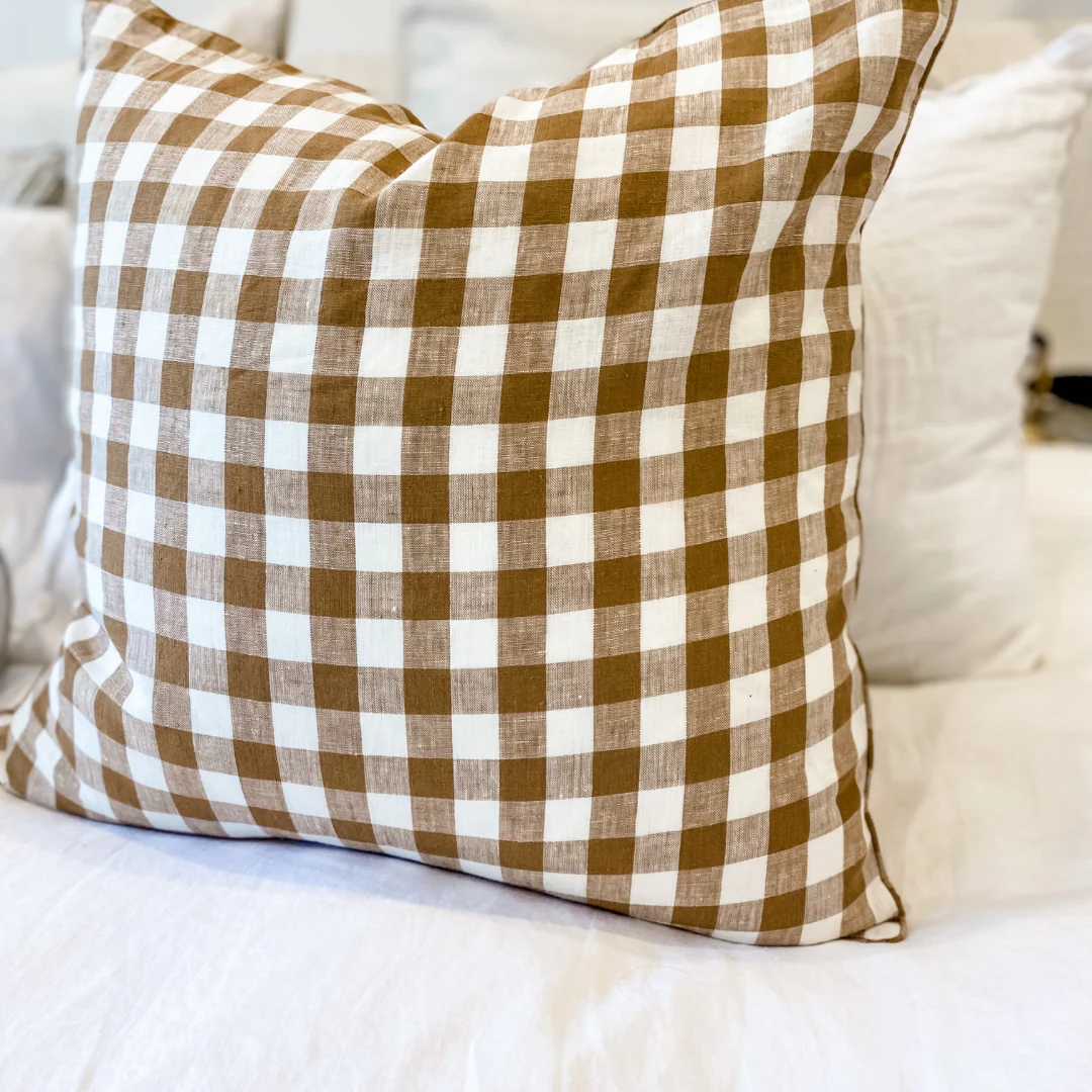 100% French Flax Linen Feather filled Cushion- Ginger Gingham - Image 3