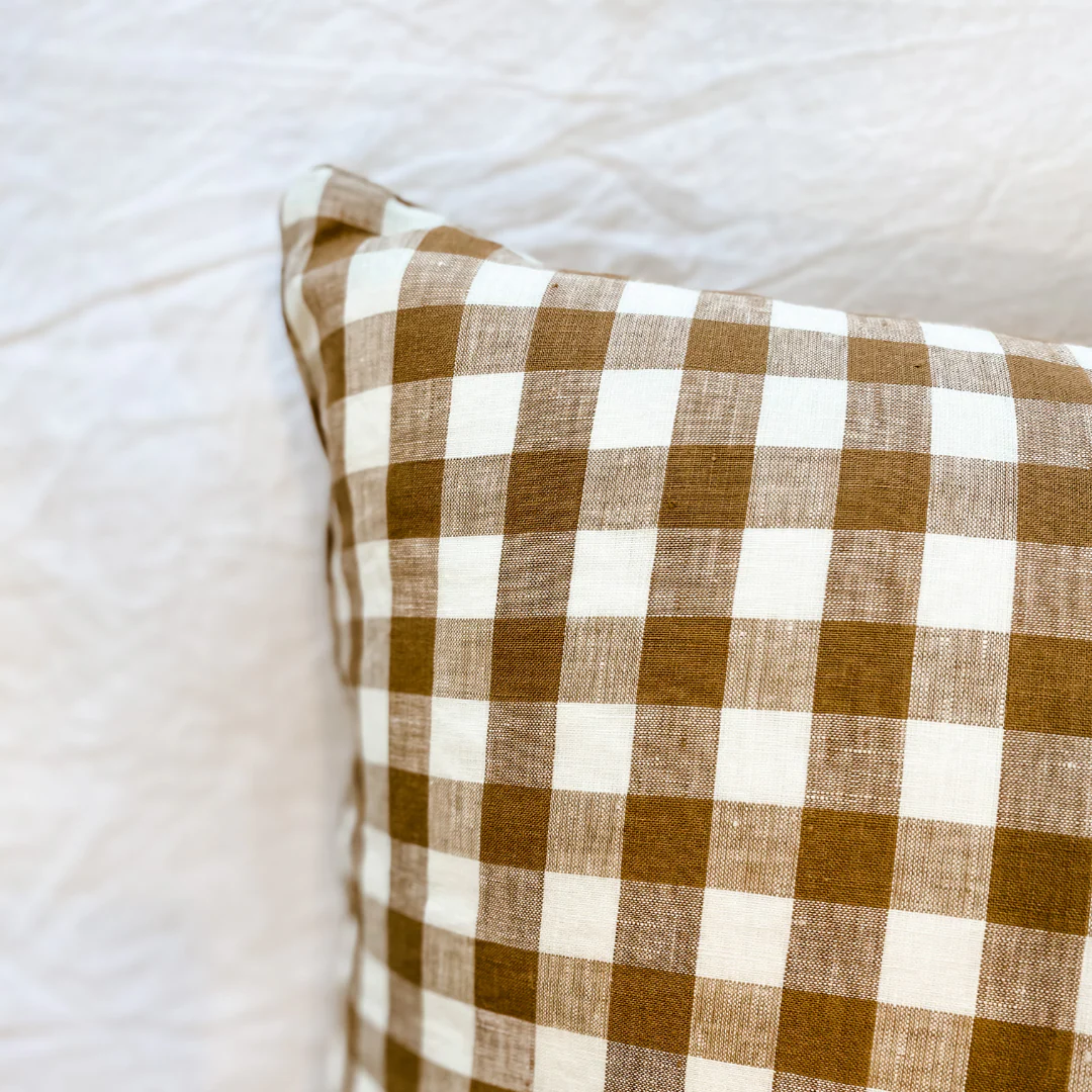 100% French Flax Linen Feather filled Cushion- Ginger Gingham - Image 4