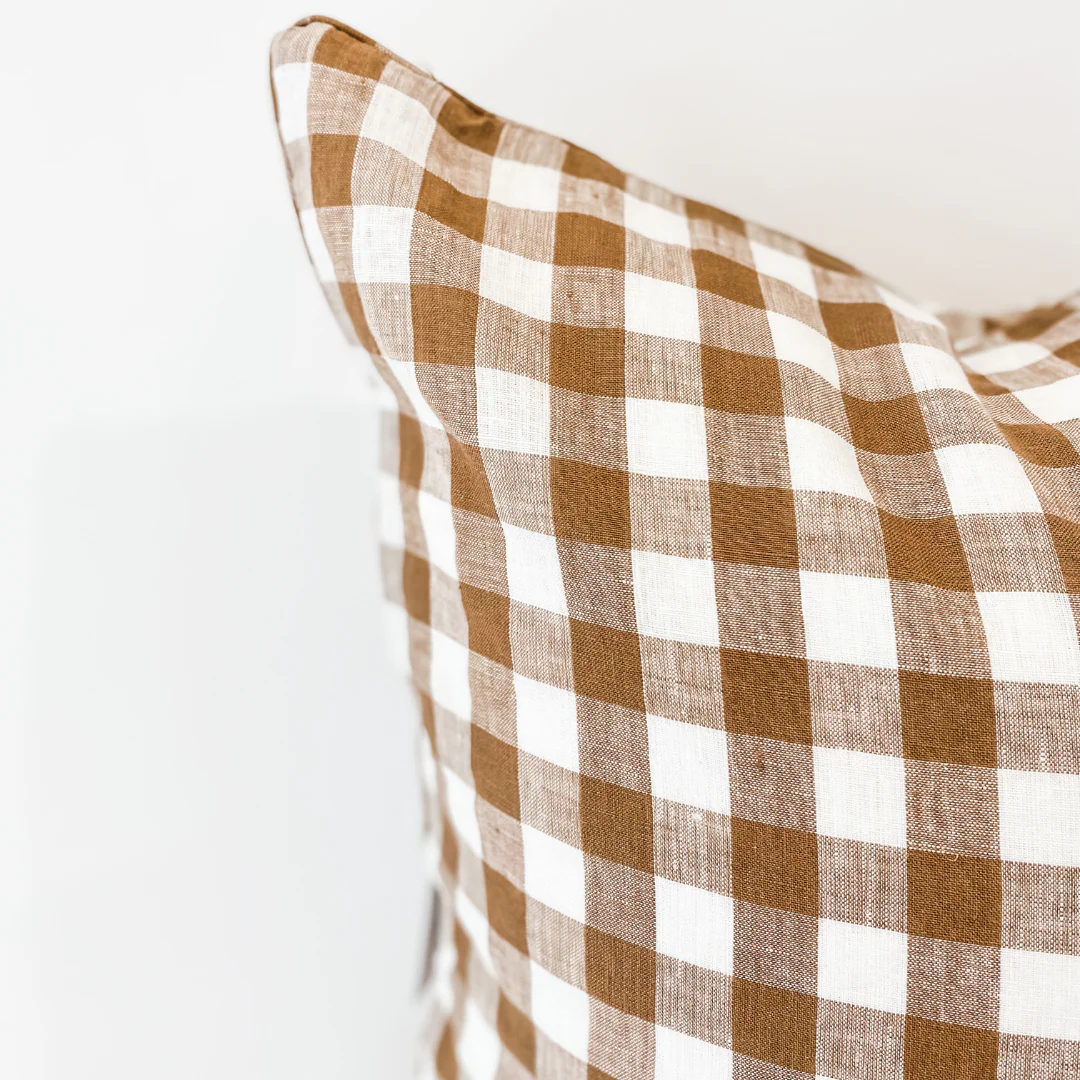 100% French Flax Linen Feather filled Cushion- Ginger Gingham - Image 6