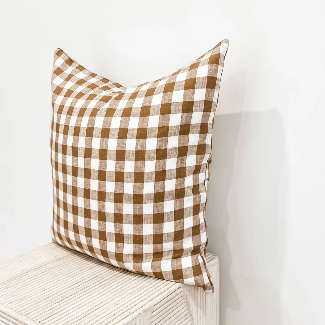 100% French Flax Linen Feather filled Cushion- Ginger Gingham - Image 8