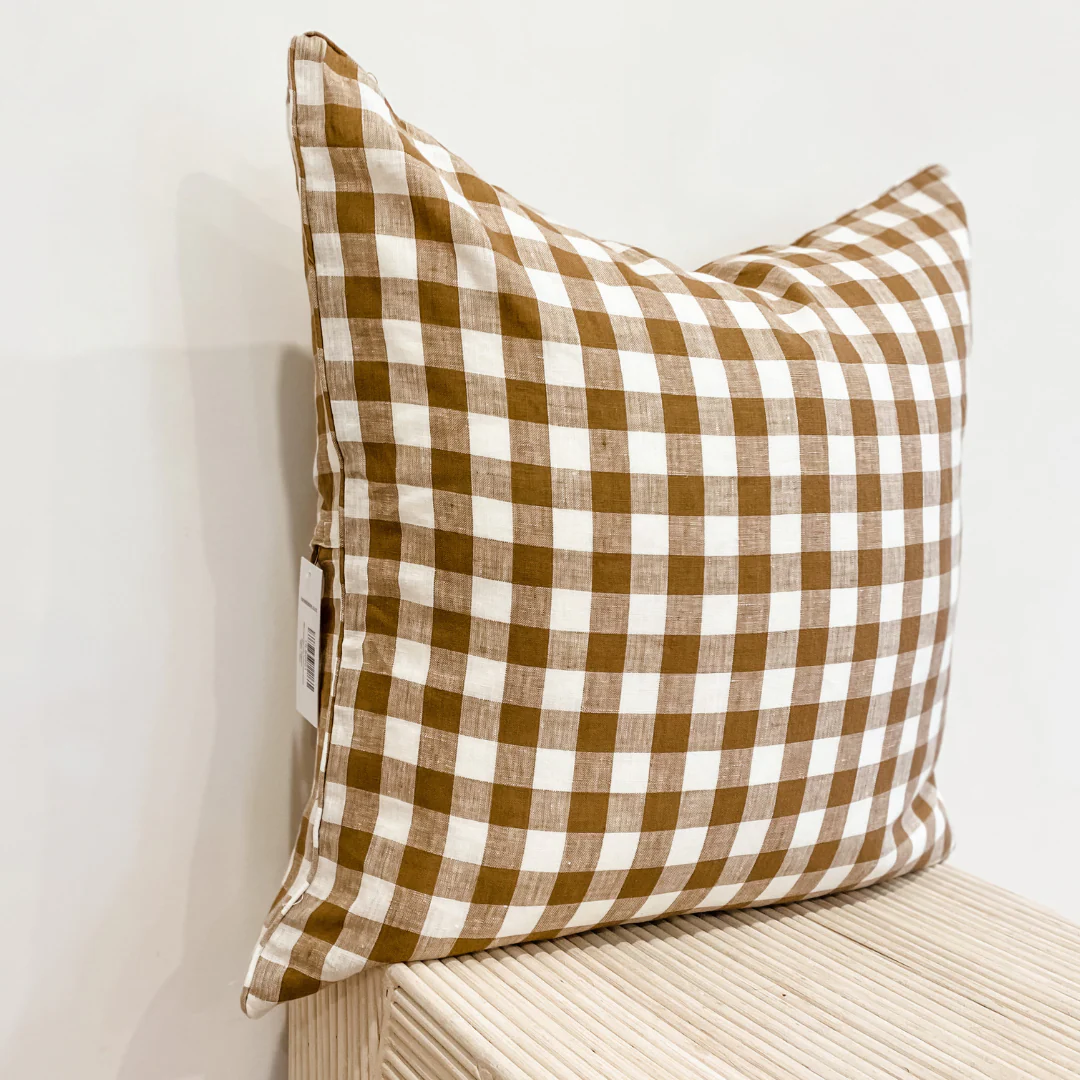 100% French Flax Linen Feather filled Cushion- Ginger Gingham - Image 9