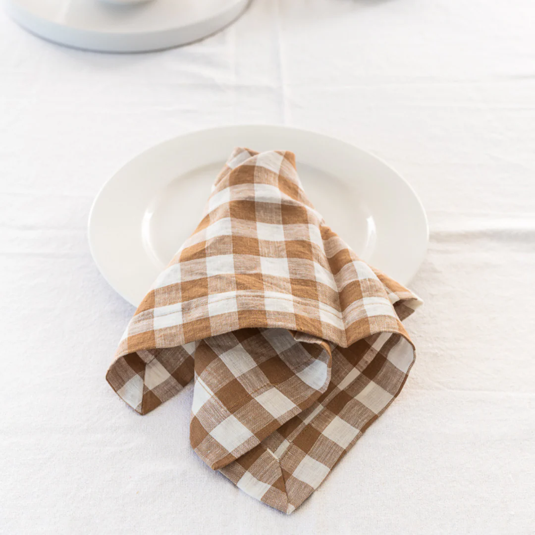 100% French Flax Linen Napkin- Set 4-Ginger Gingham - Image 3