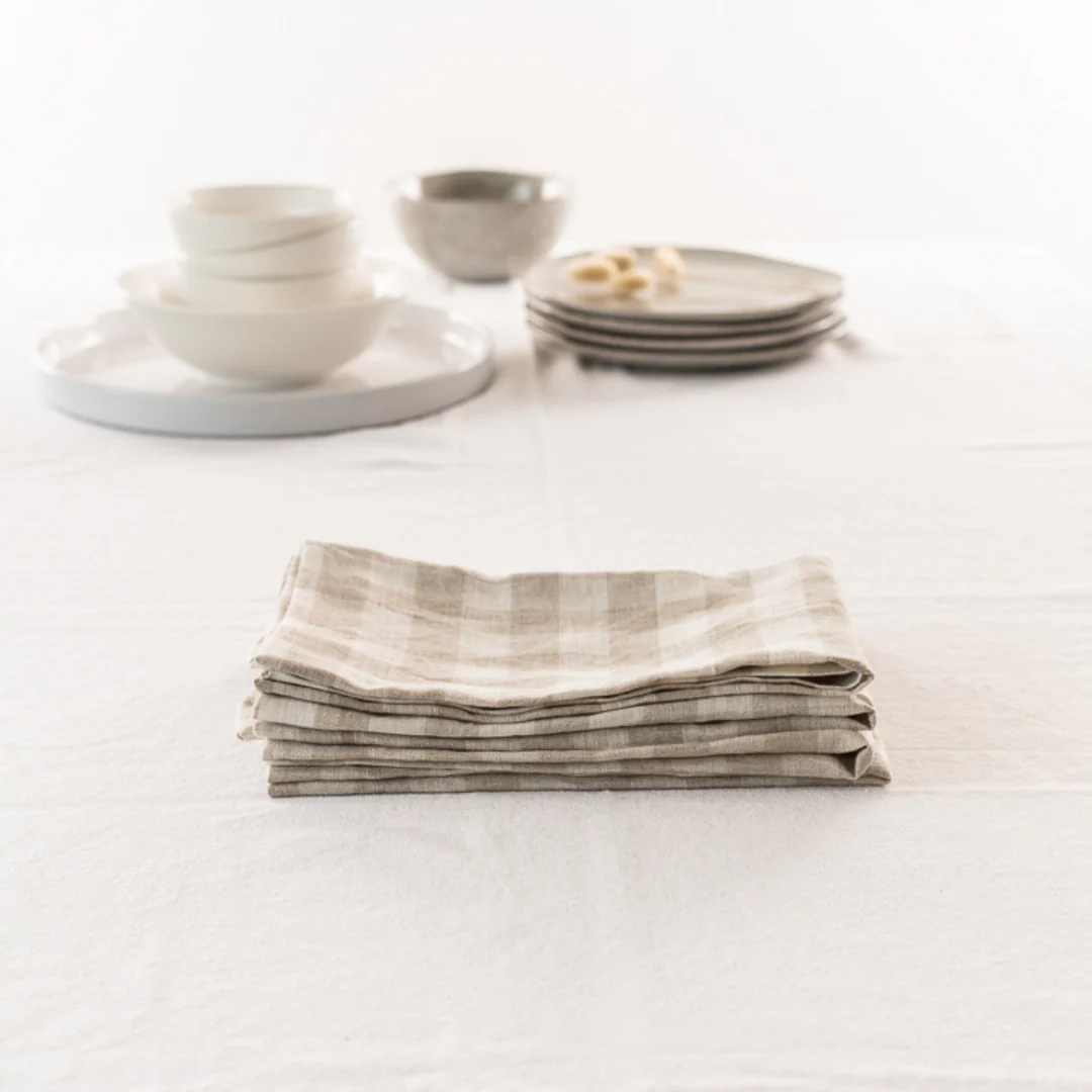 100% French Flax Linen Napkin- Set 4-Natural Gingham - Image 3