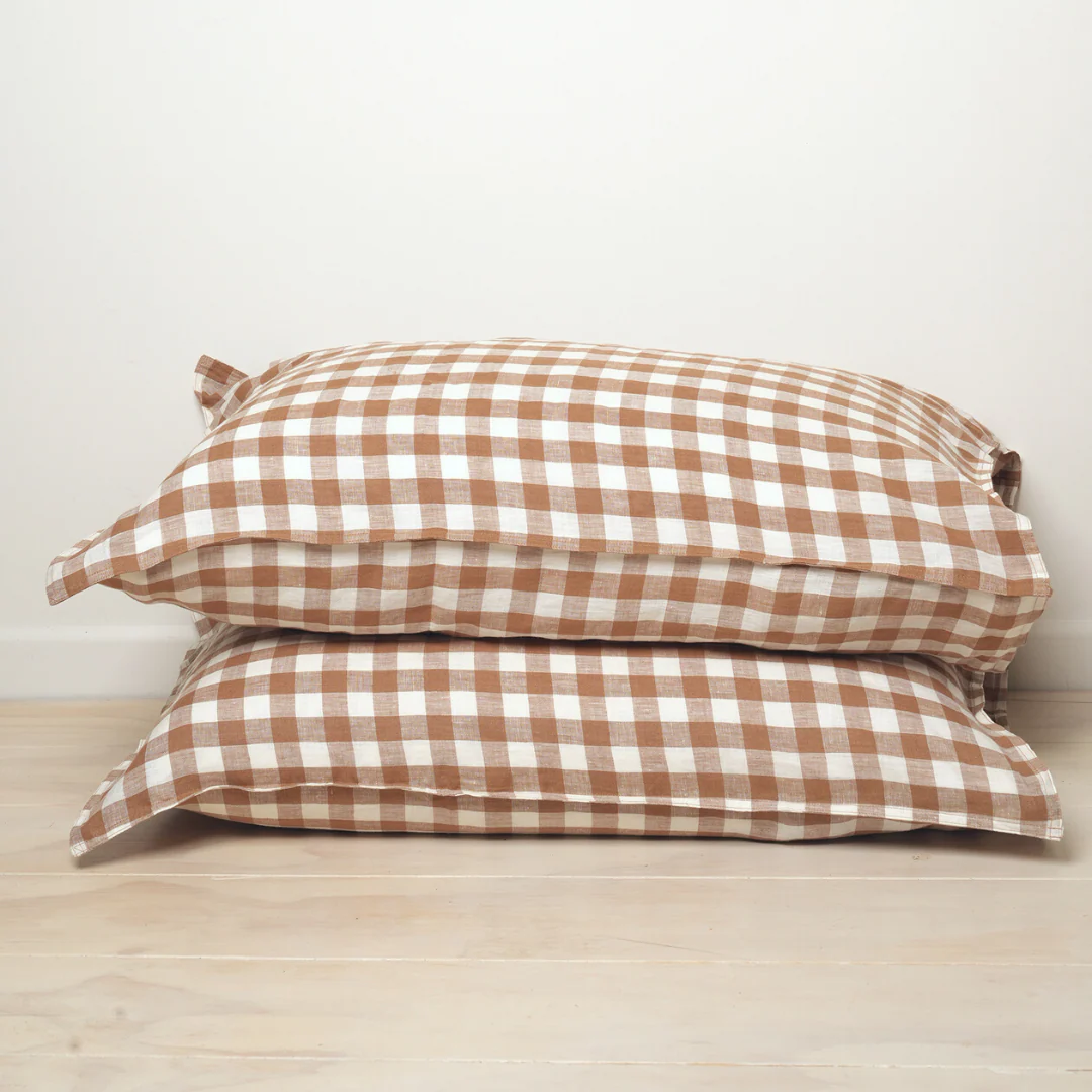 100% French Flax Linen Pillowcase Pair- Ginger Gingham