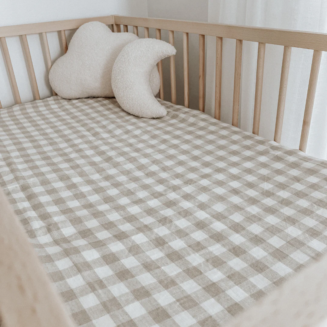 100% French Flax Linen Fitted Cot sheet- Natural Gingham - Image 3