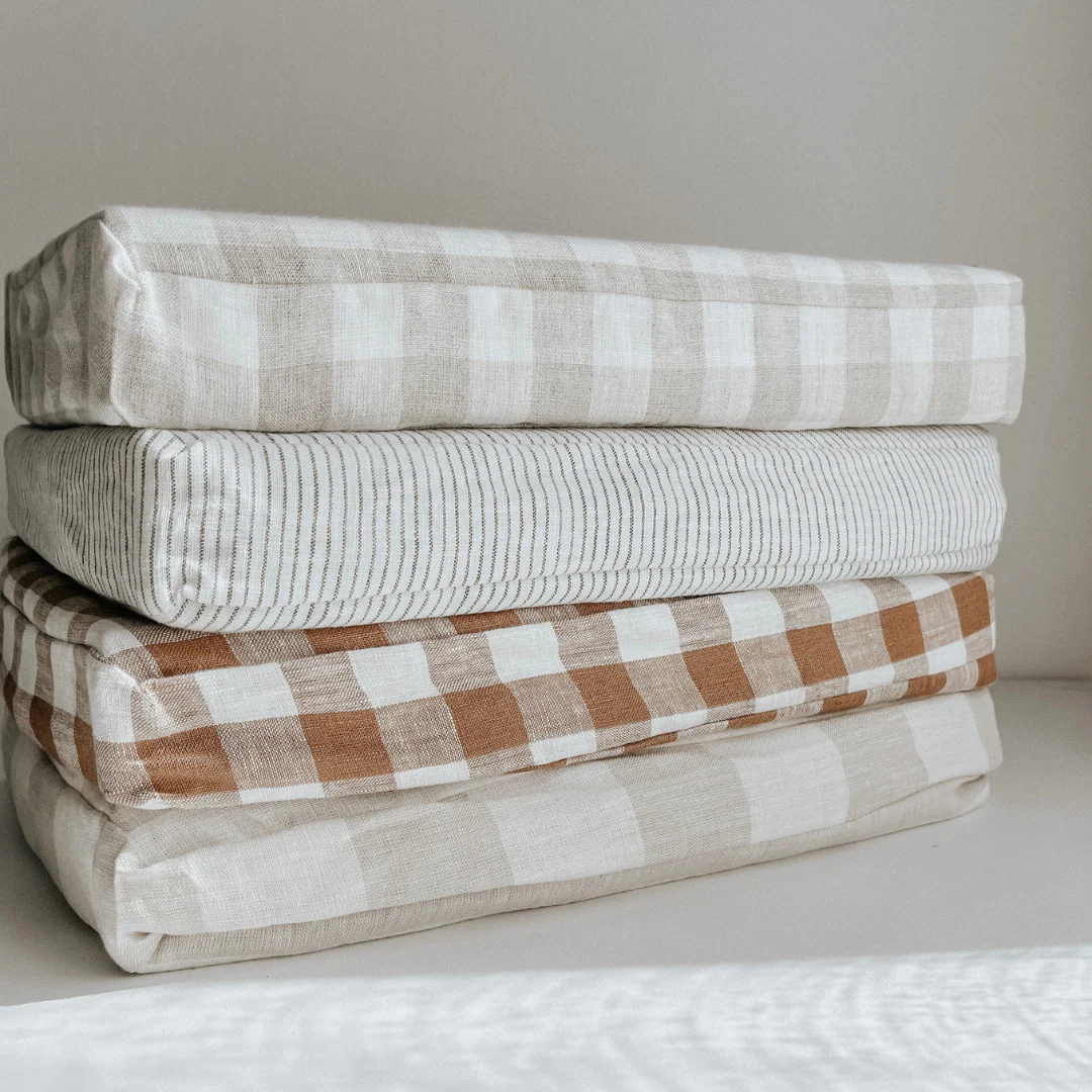 100% French Flax Linen Fitted Cot sheet- Natural Gingham - Image 4